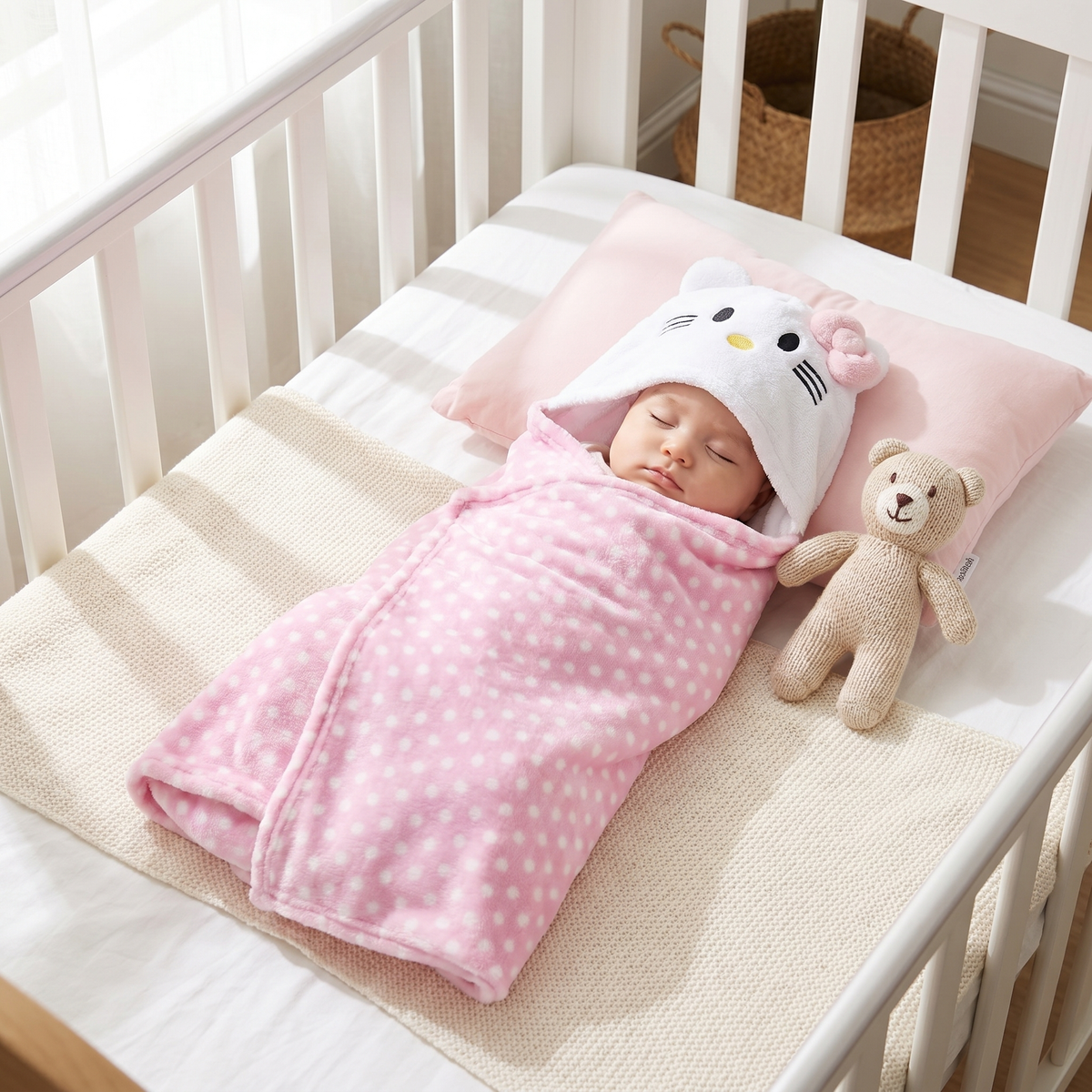 Sleeping baby in a Pink spotted giraffe-style hooded swaddle shawl in a cot, featuring small ears, horns and soft Green accents