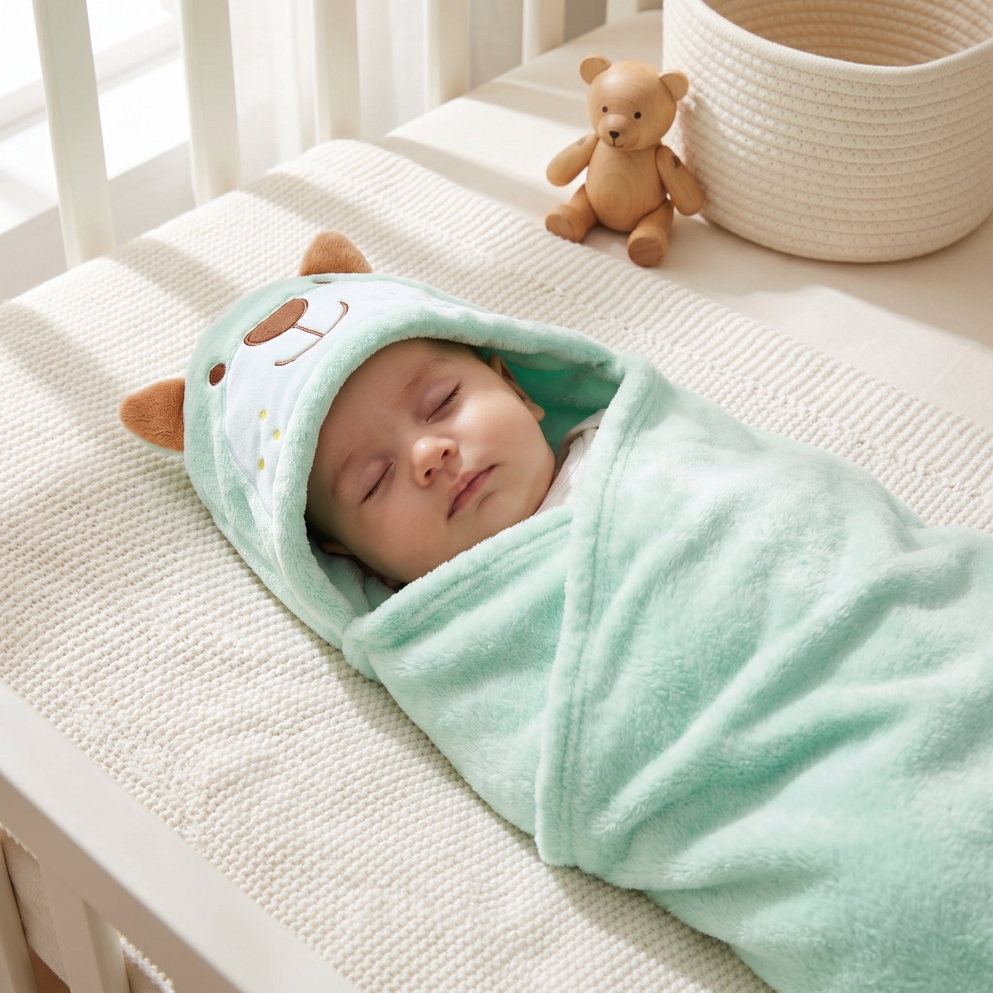 Baby Bear Hooded Swaddle Wrap – Mint