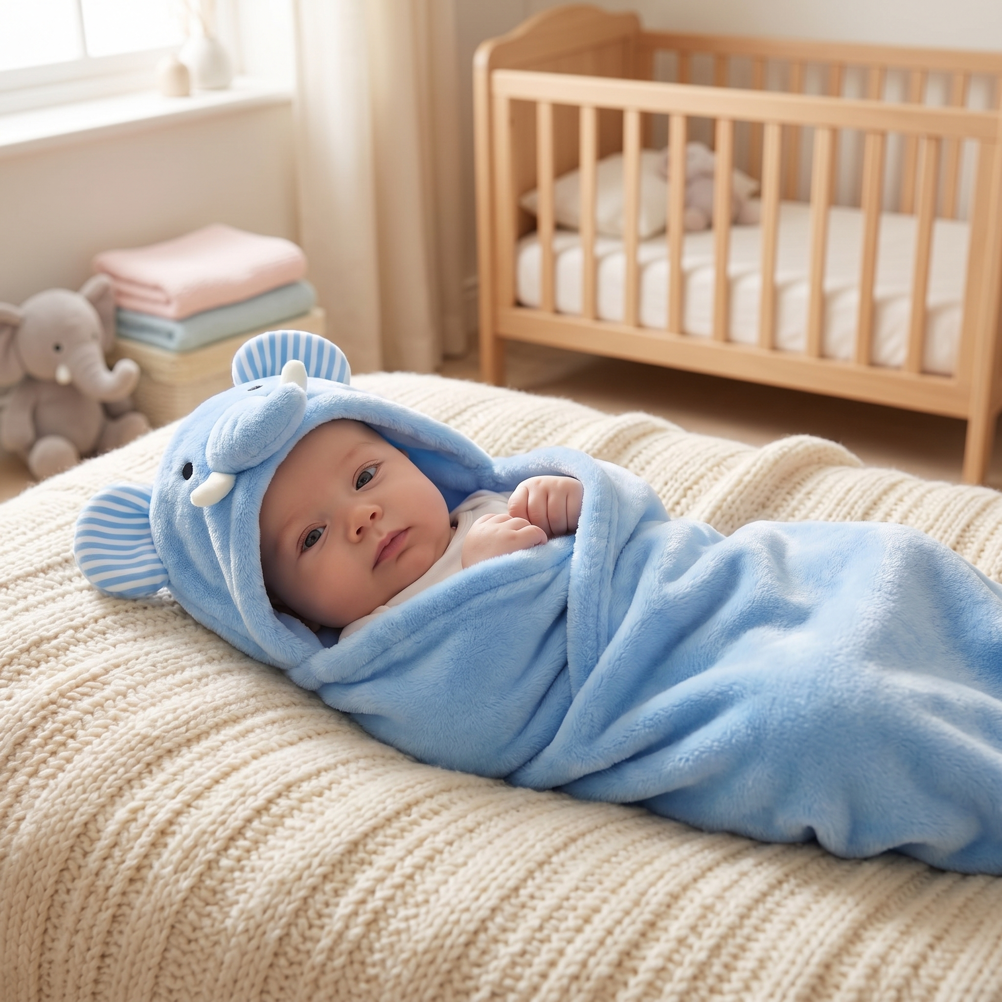 Baby Elephant Hooded Swaddle Wrap – Sky Blue