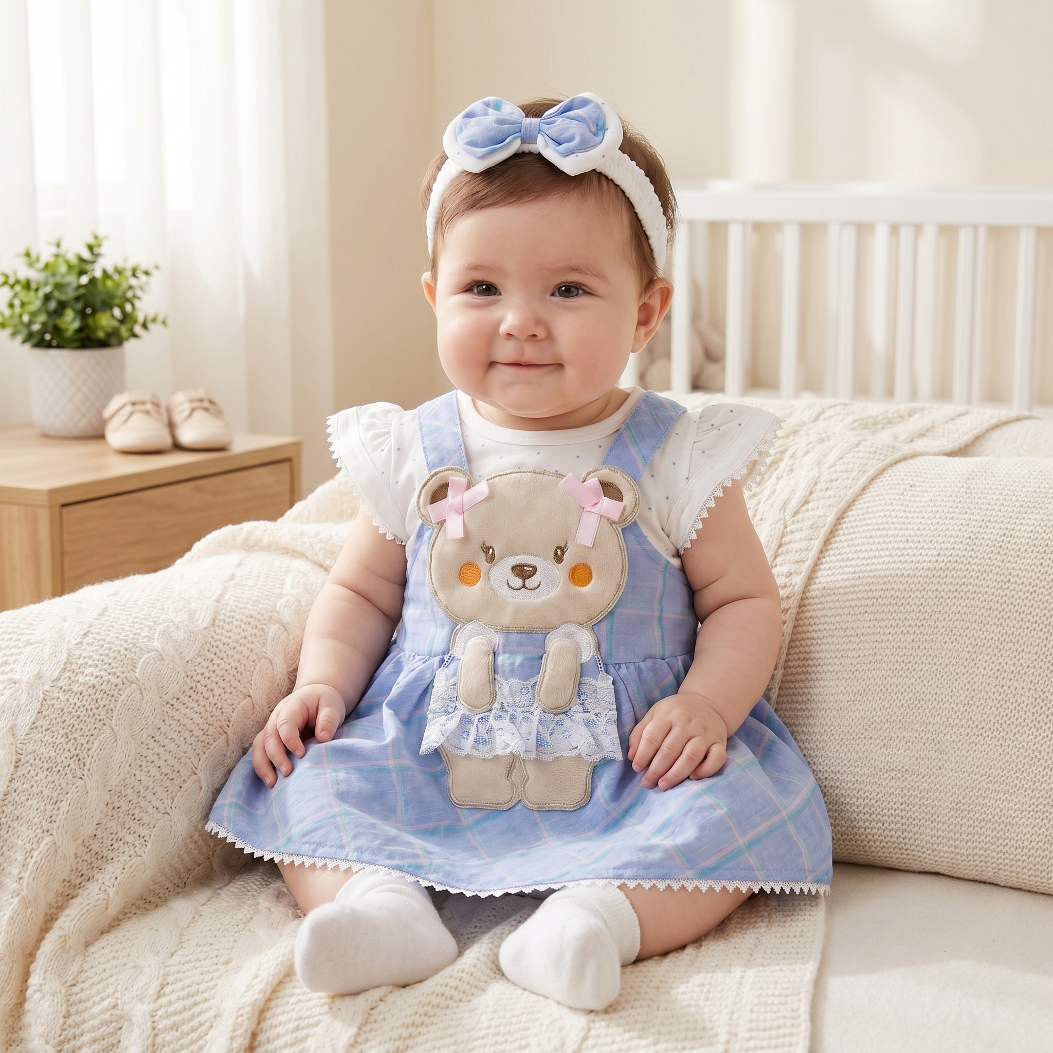 Sweet Teddy Plaid Baby Romper Dress Set