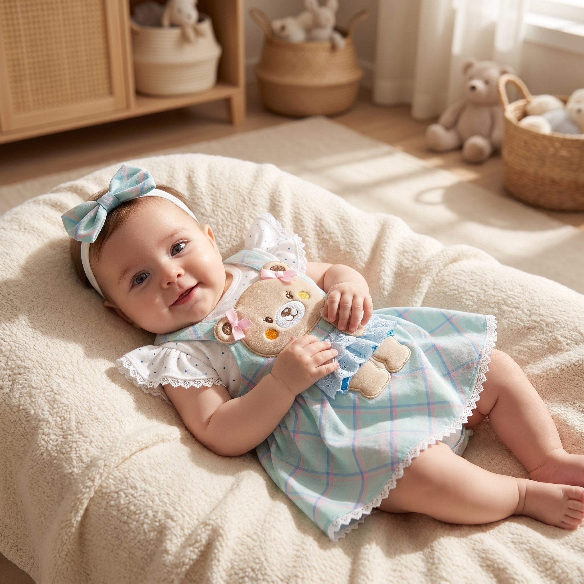 Sweet Teddy Plaid Baby Romper Dress Set