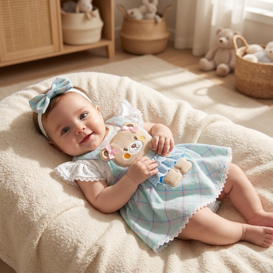 Sweet Teddy Plaid Baby Romper Dress Set