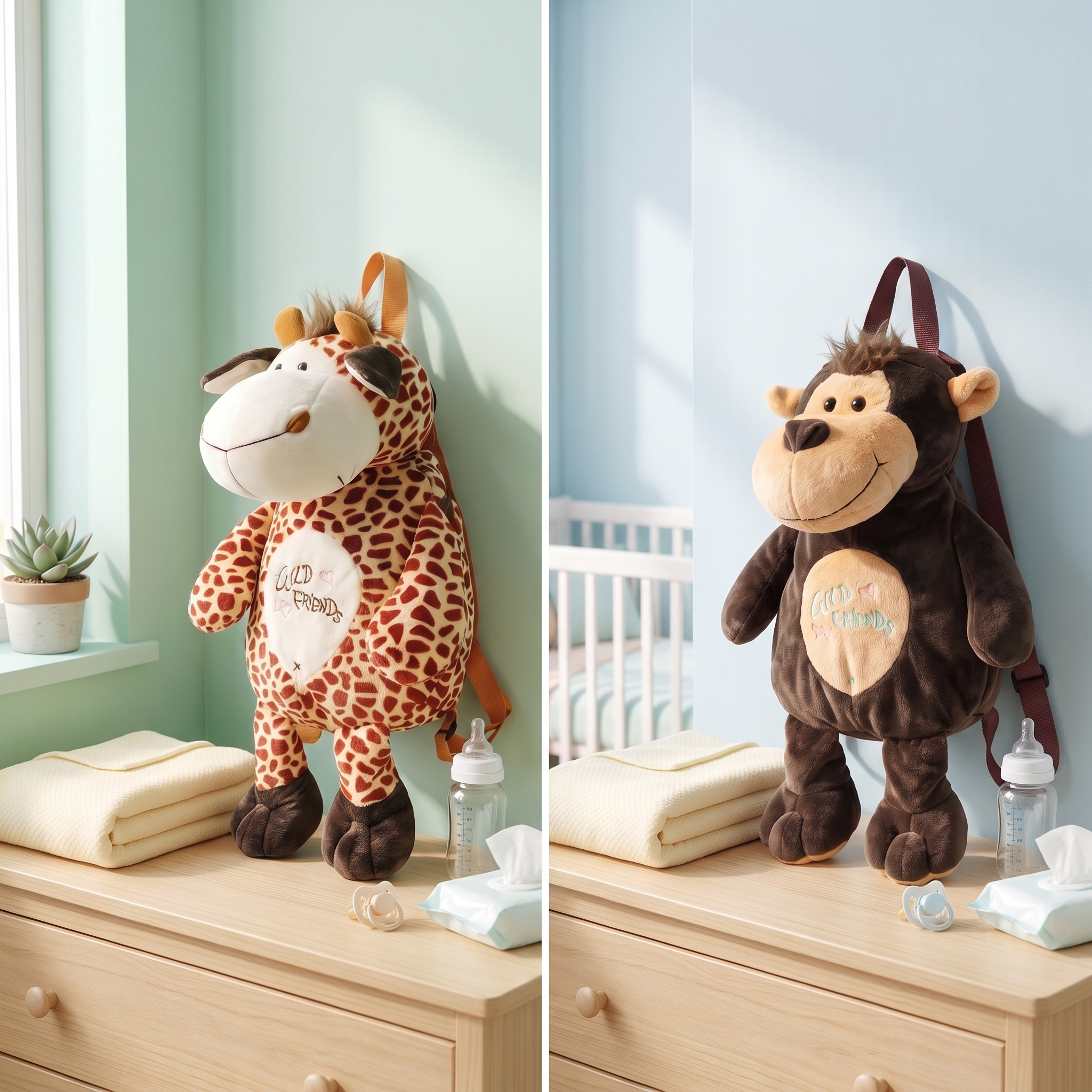 Two plush toys, a giraffe and a monkey, standing on a dresser with baby items in a nursery setting.