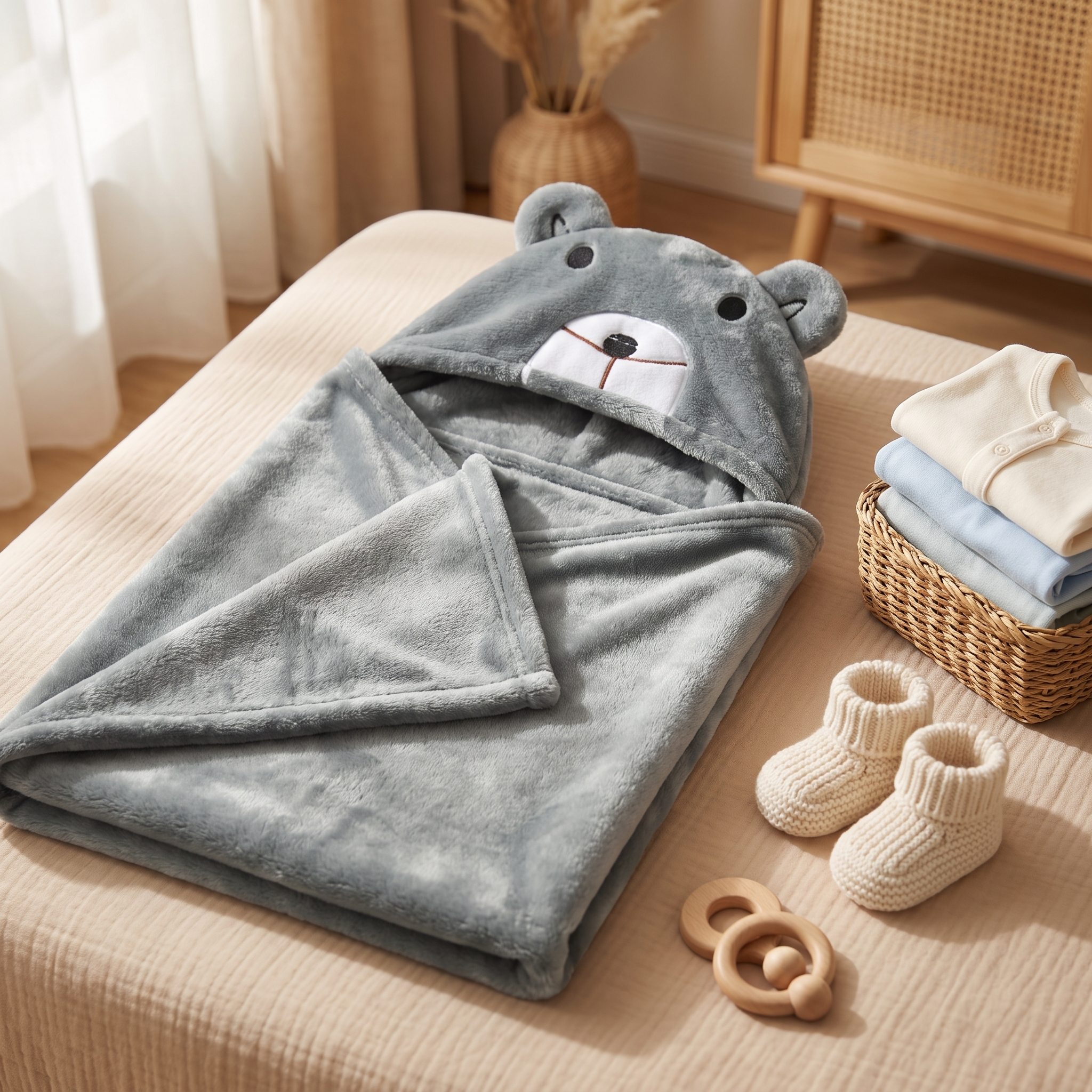 Baby Teddy Bear Hooded Swaddle Wrap – Grey