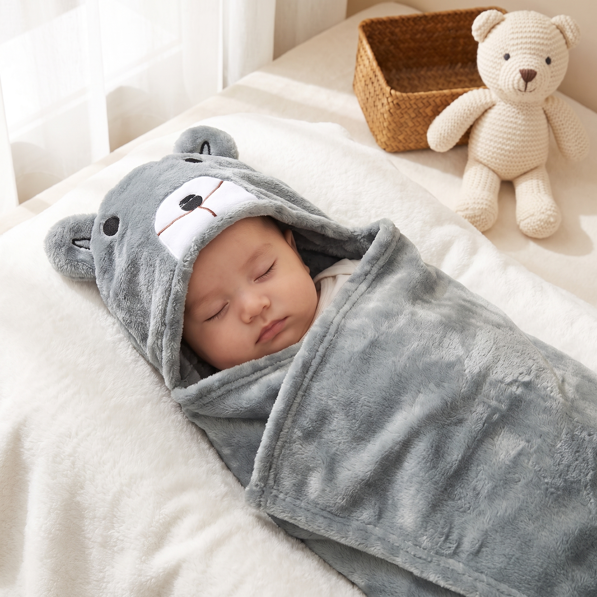 Baby Teddy Bear Hooded Swaddle Wrap – Grey
