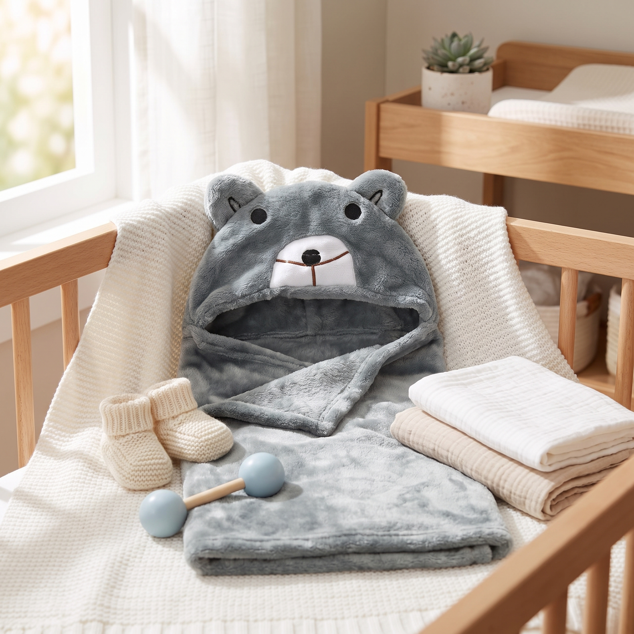 Baby Teddy Bear Hooded Swaddle Wrap – Grey