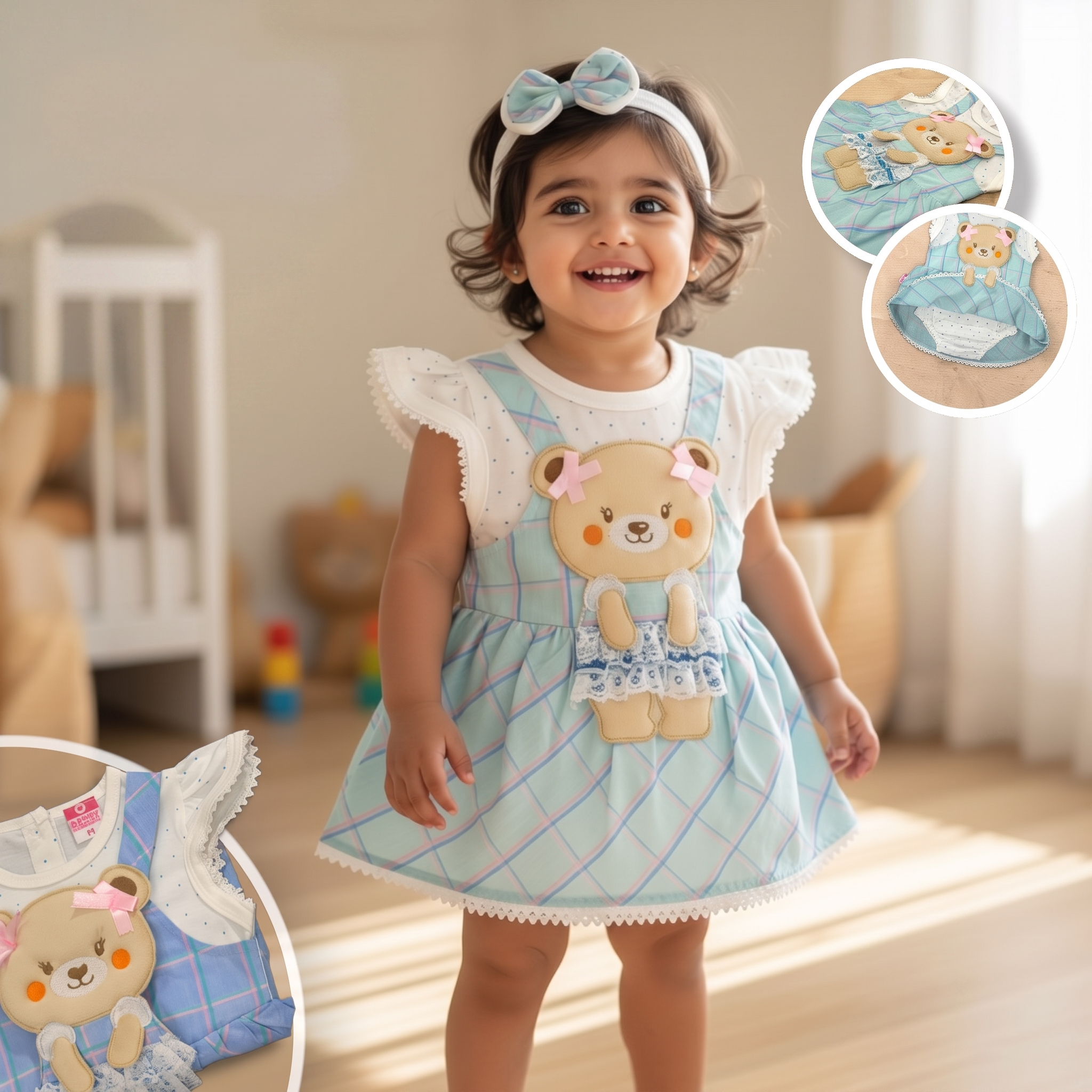 Sweet Teddy Plaid Baby Romper Dress Set