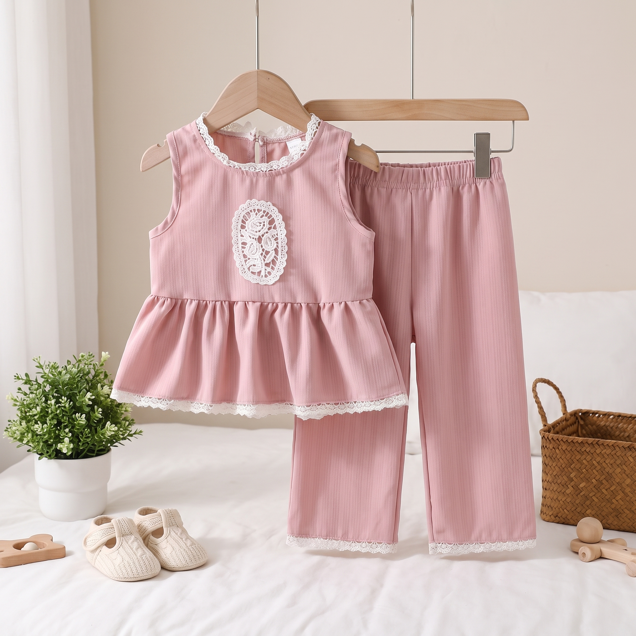 Girls Lace Peplum Top & Pants Set – Pink