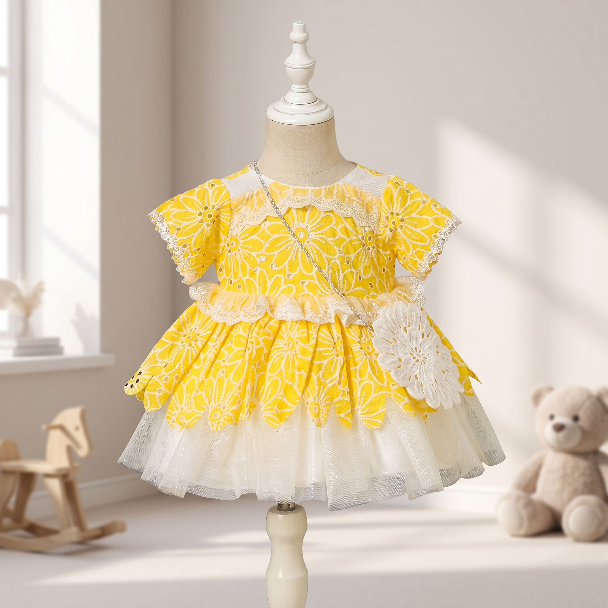 Sunshine Blossom Baby Girl Party Dress with Floral Purse – Yellow