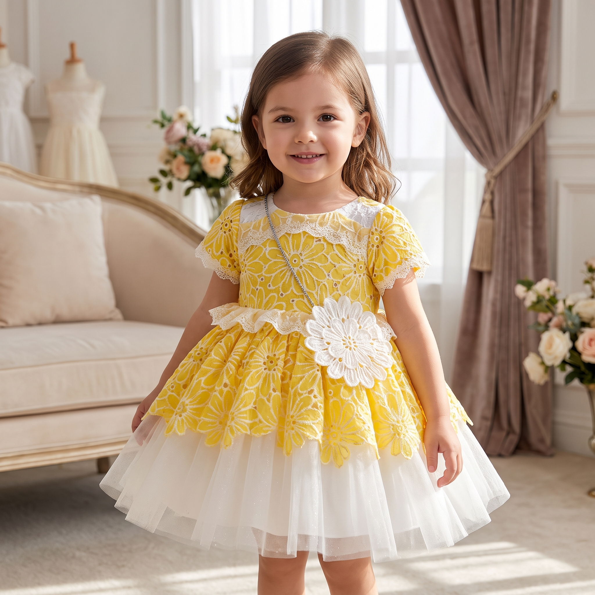 Sunshine Blossom Baby Girl Party Dress with Floral Purse – Yellow