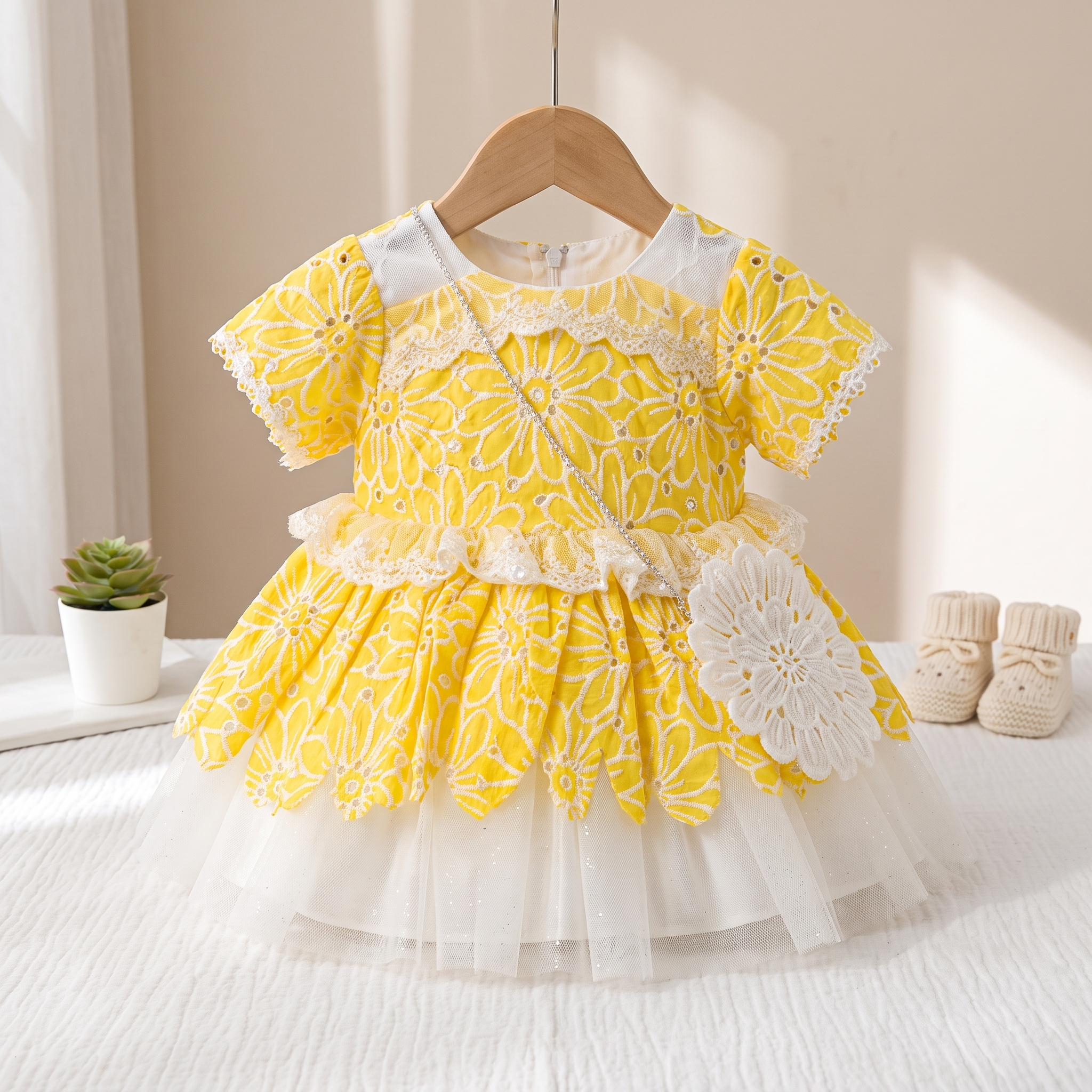 Sunshine Blossom Baby Girl Party Dress with Floral Purse – Yellow