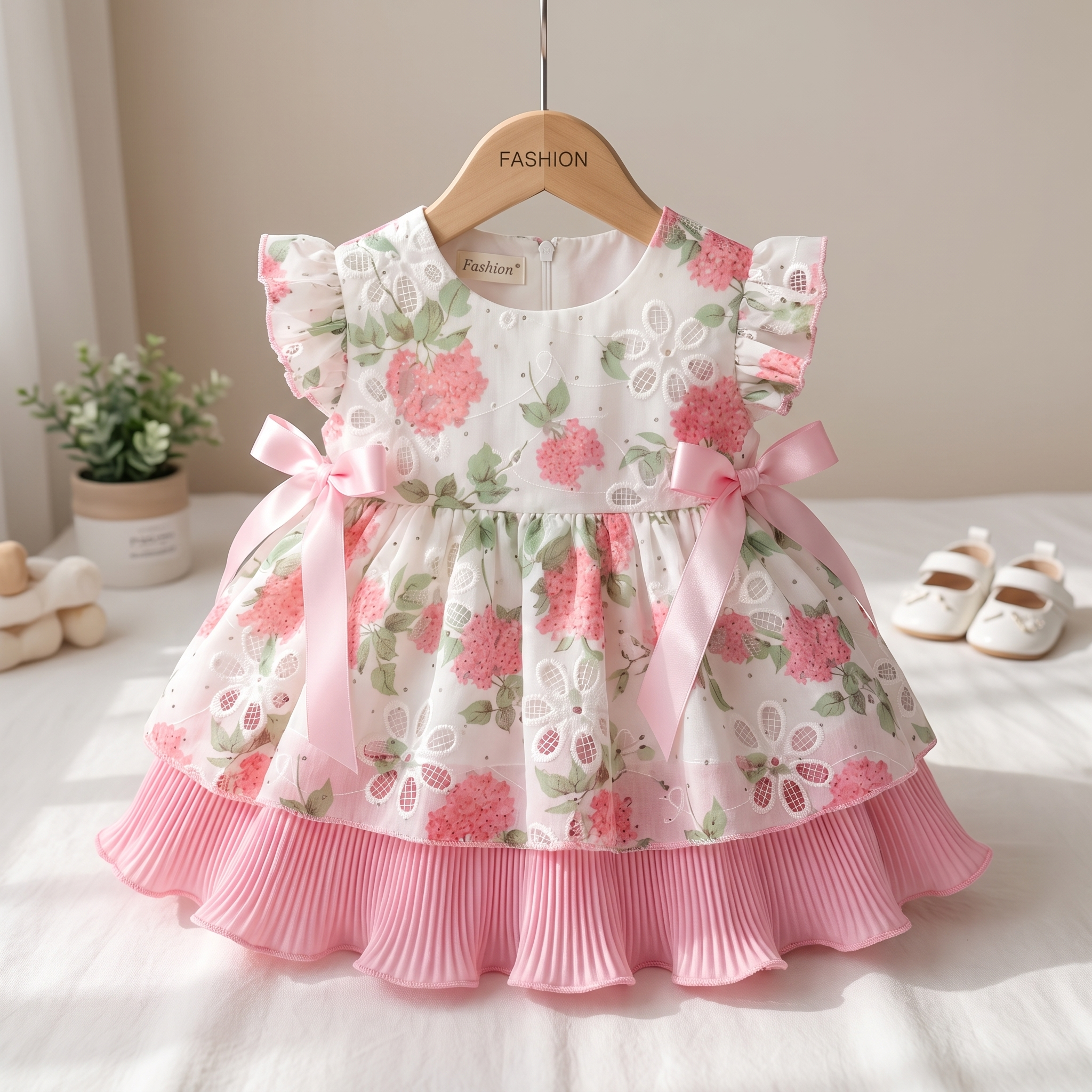Blush Garden Baby Girl Party Dress with Ribbon Bow Details – Pink Floral