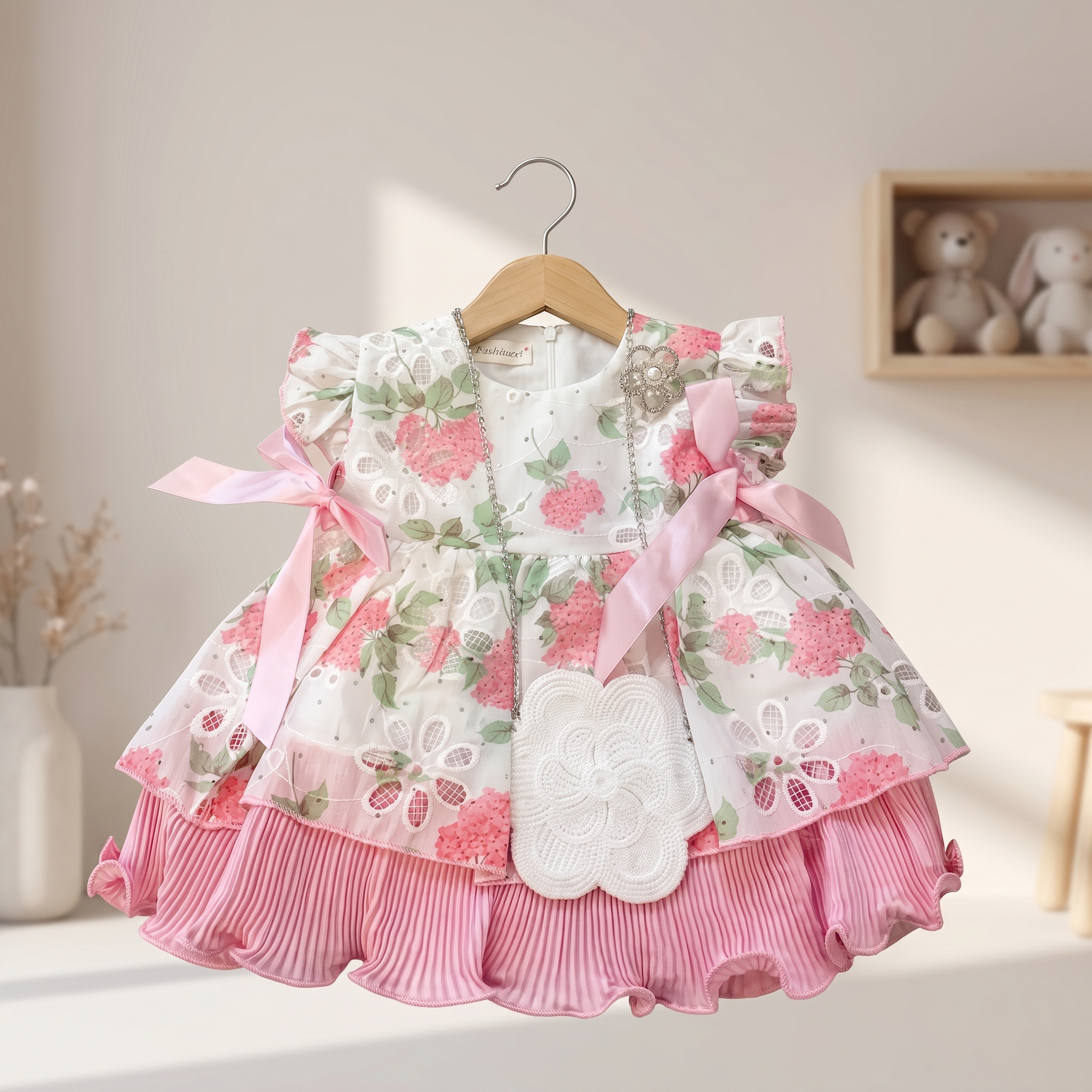 Blush Garden Baby Girl Party Dress with Ribbon Bow Details – Pink Floral