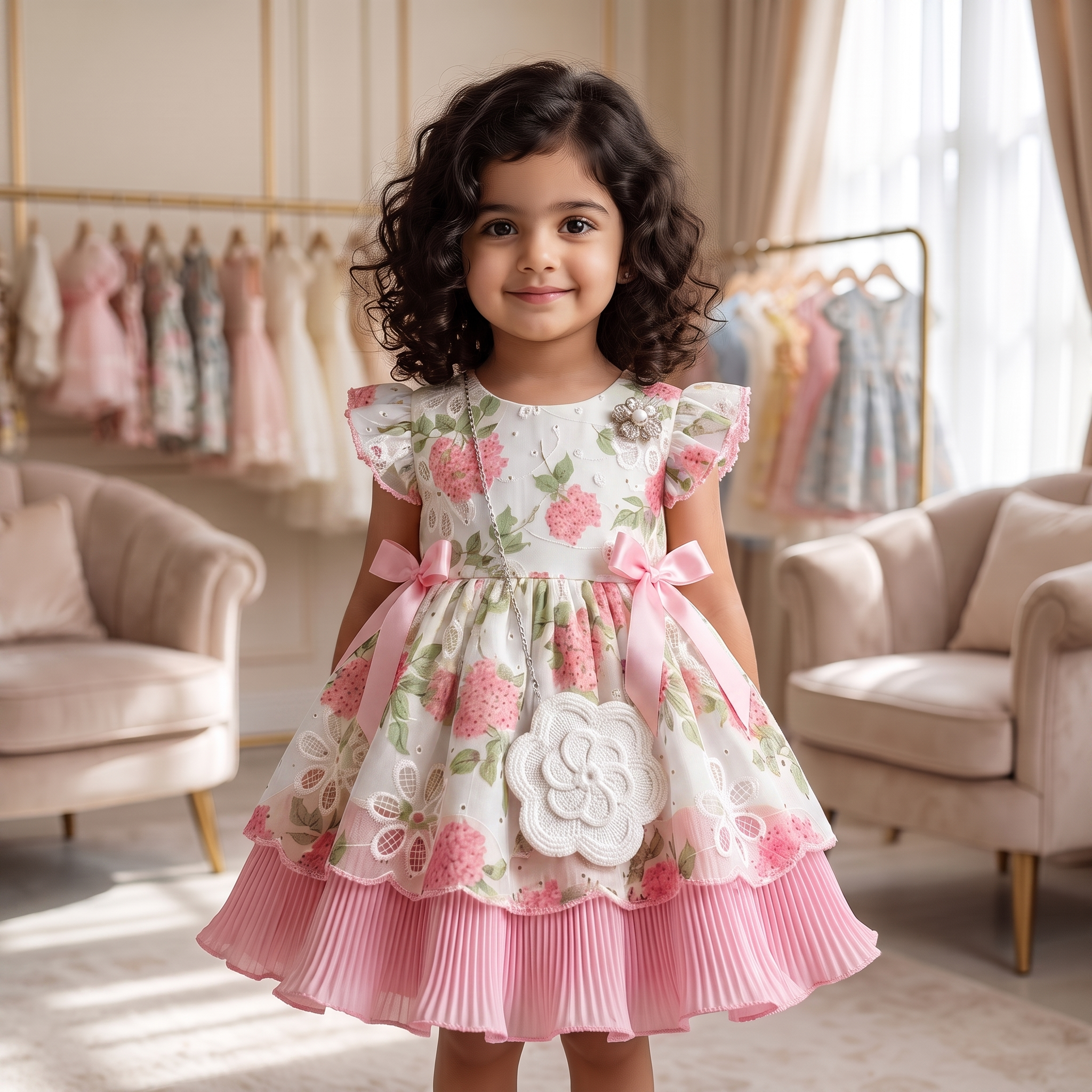 Blush Garden Baby Girl Party Dress with Ribbon Bow Details – Pink Floral
