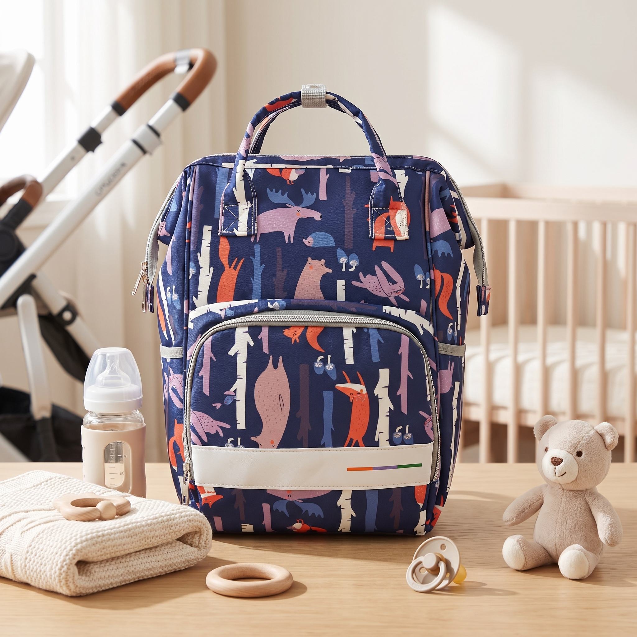 Premium Multi-Pocket Baby Diaper Backpack – Dark Forest & Pastel Leaf Collection