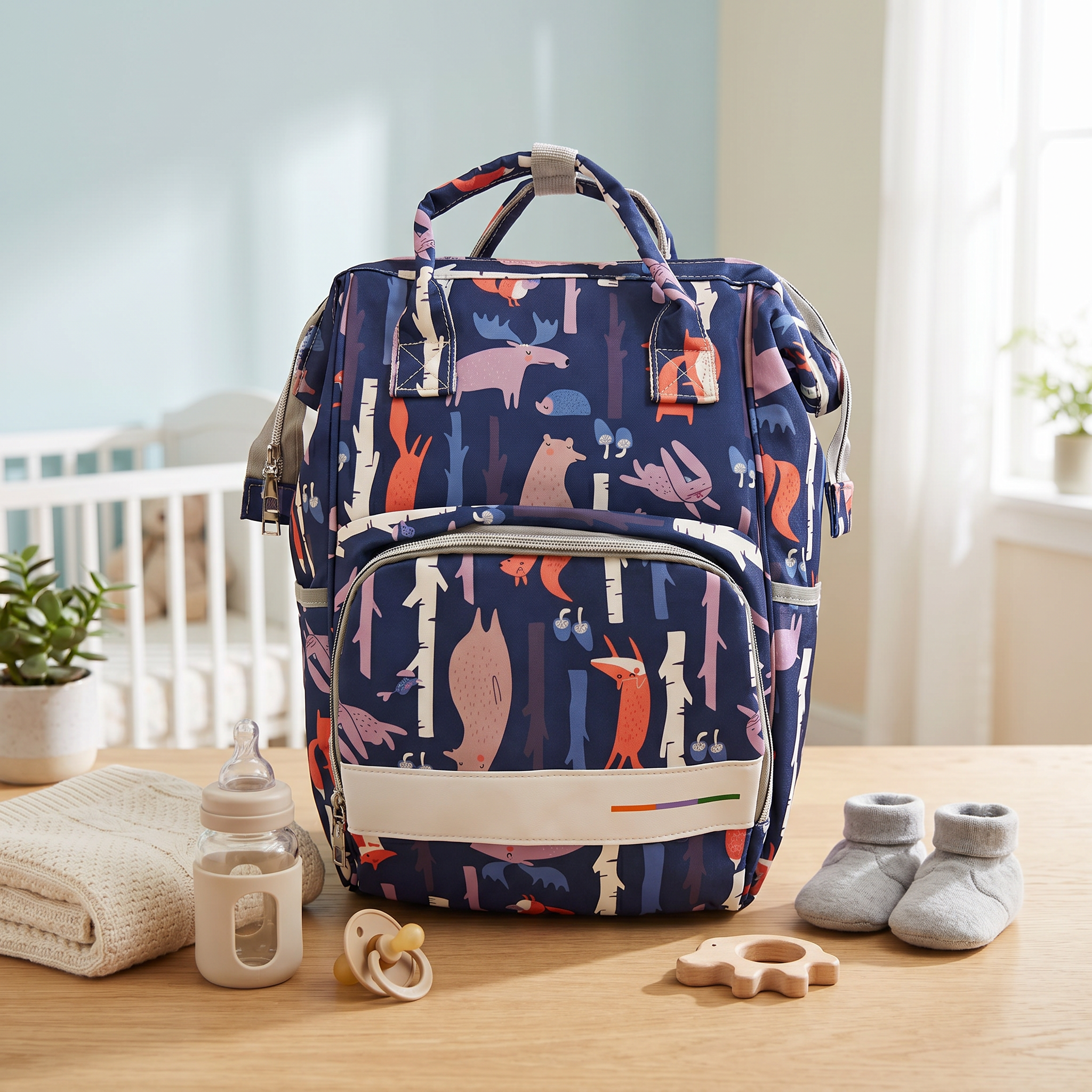 Premium Multi-Pocket Baby Diaper Backpack – Dark Forest & Pastel Leaf Collection