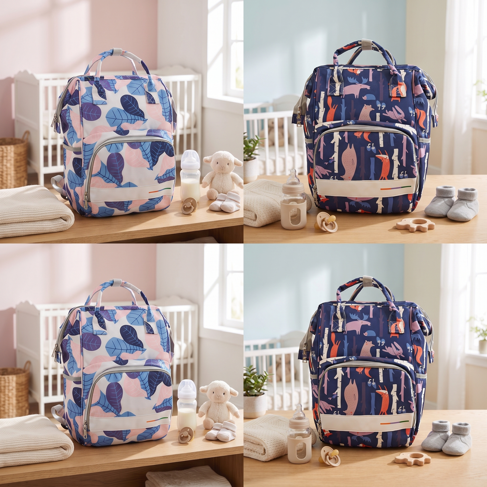 Premium Multi-Pocket Baby Diaper Backpack – Dark Forest & Pastel Leaf Collection