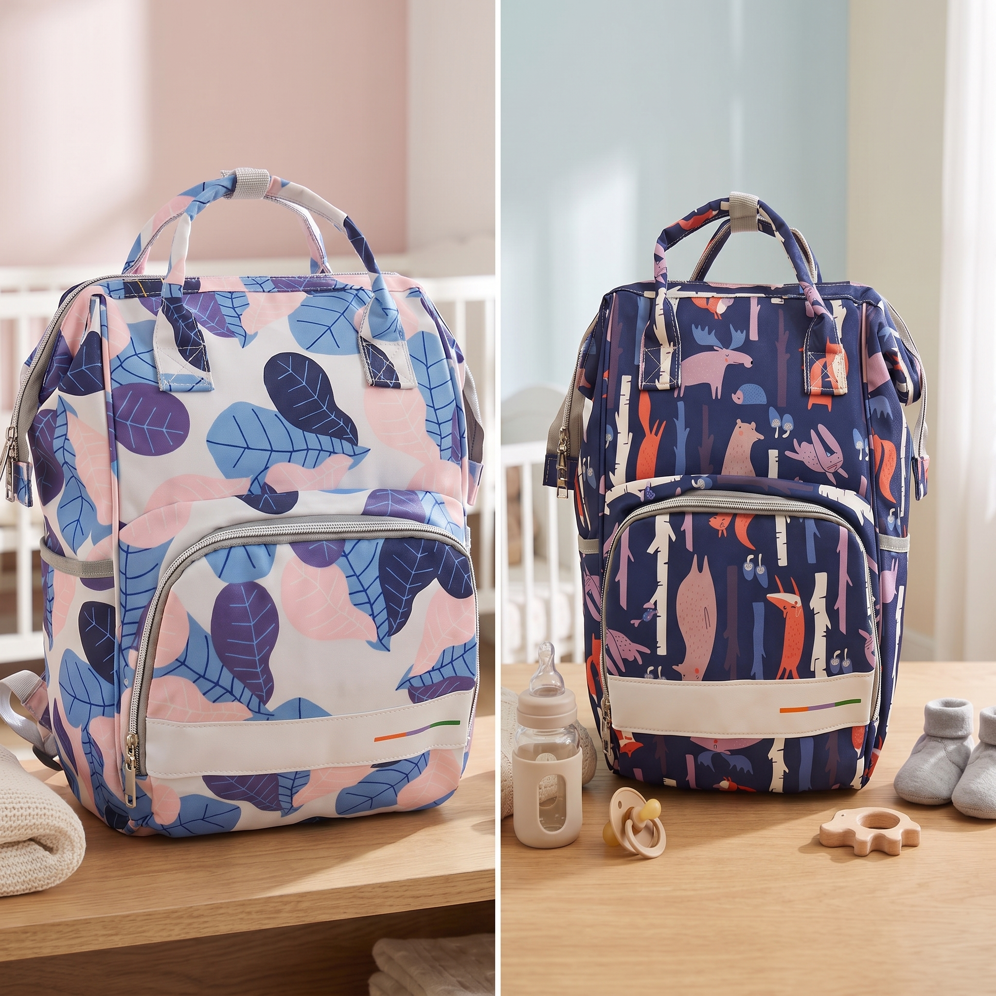 Premium Multi-Pocket Baby Diaper Backpack – Dark Forest & Pastel Leaf Collection
