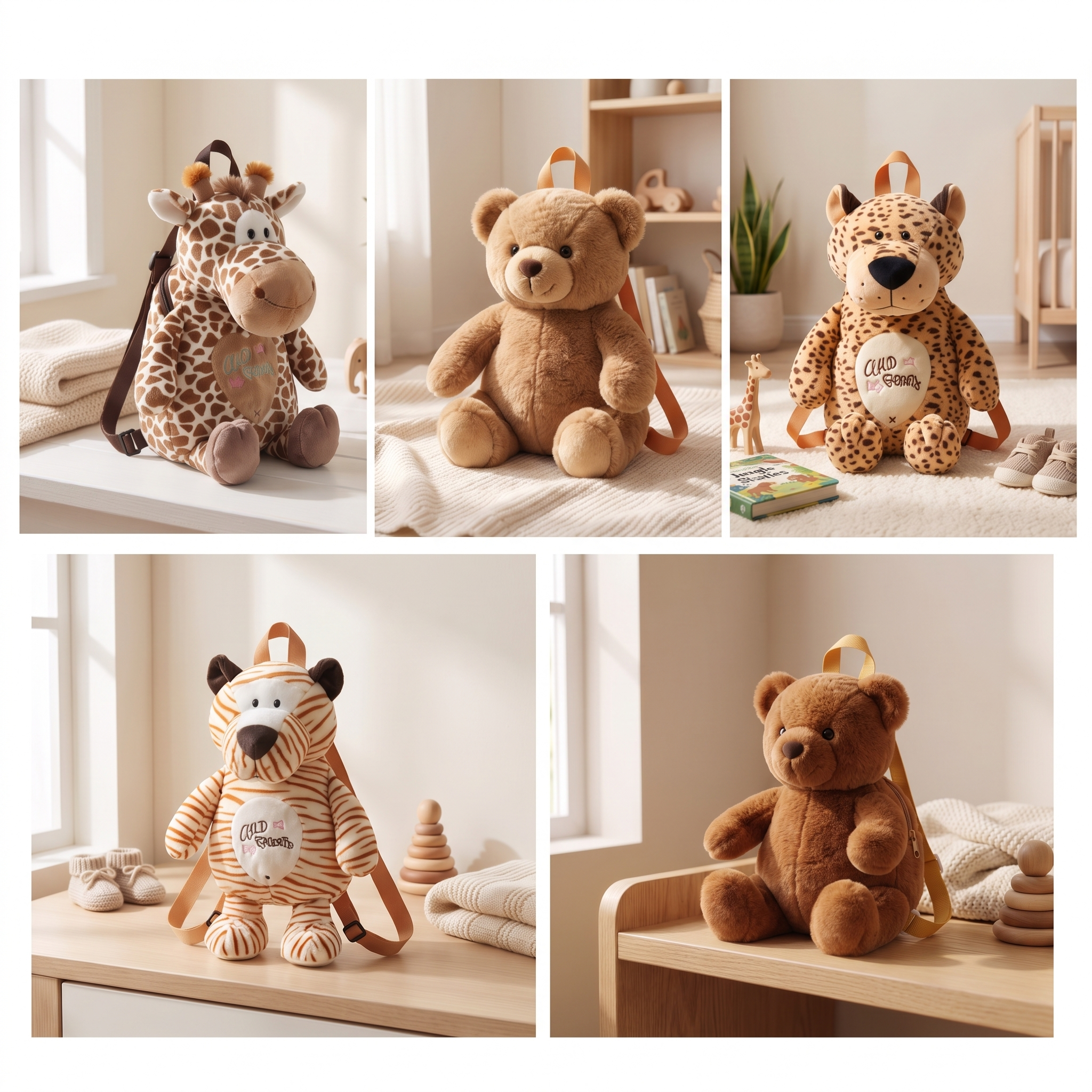 Safari Plush Animal Kids Backpack Collection – Soft Toddler School & Travel Bag (5 Designs)