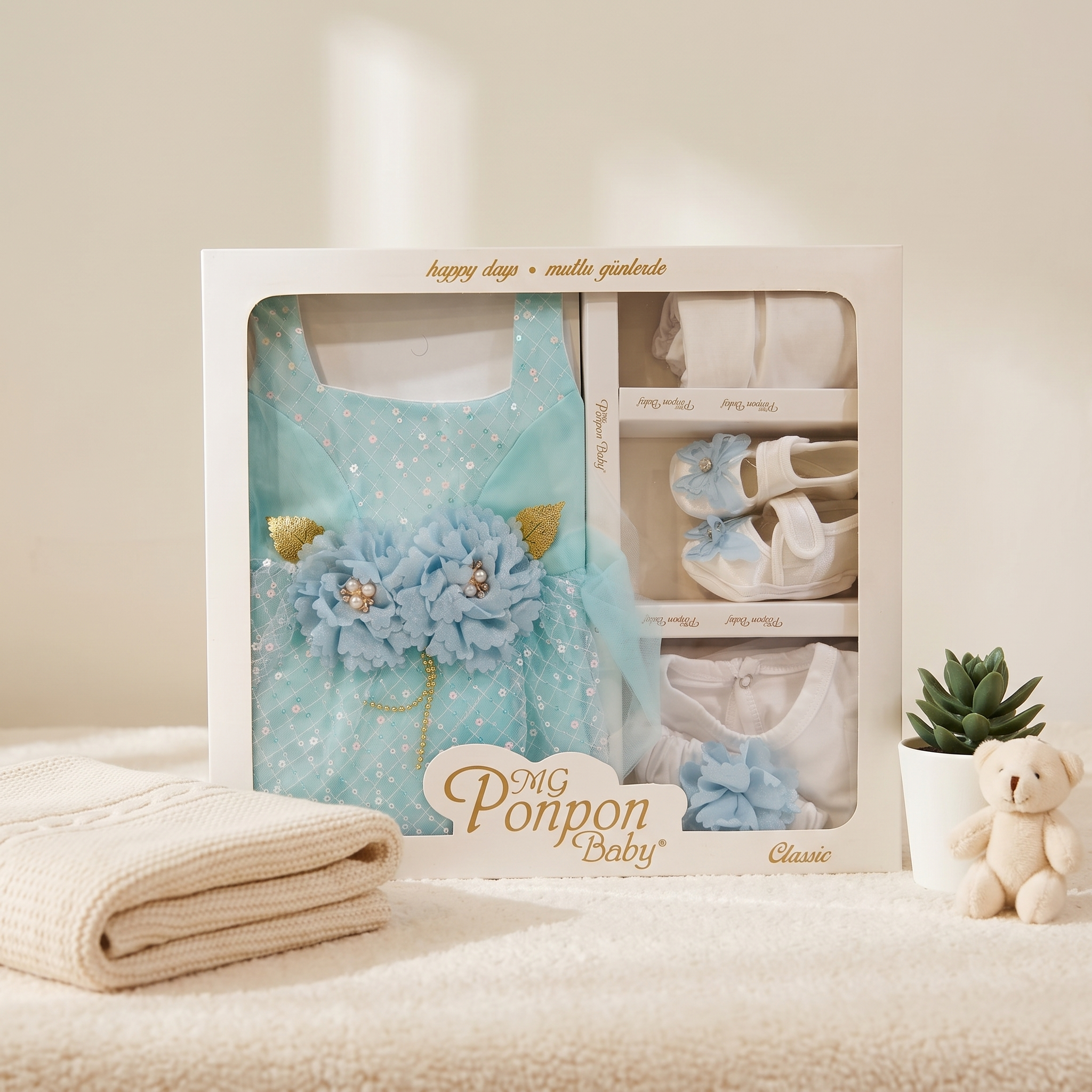 Sky Blossom Baby Girl Party Dress Set – Blue Tulle Dress with Headband & Bodysuit