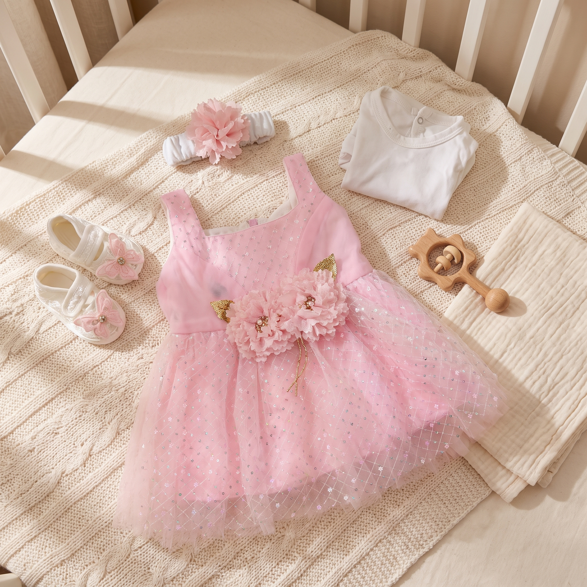 Princess Blossom Baby Girl Party Dress Set – Pink Tulle Dress with Headband & Bodysuit
