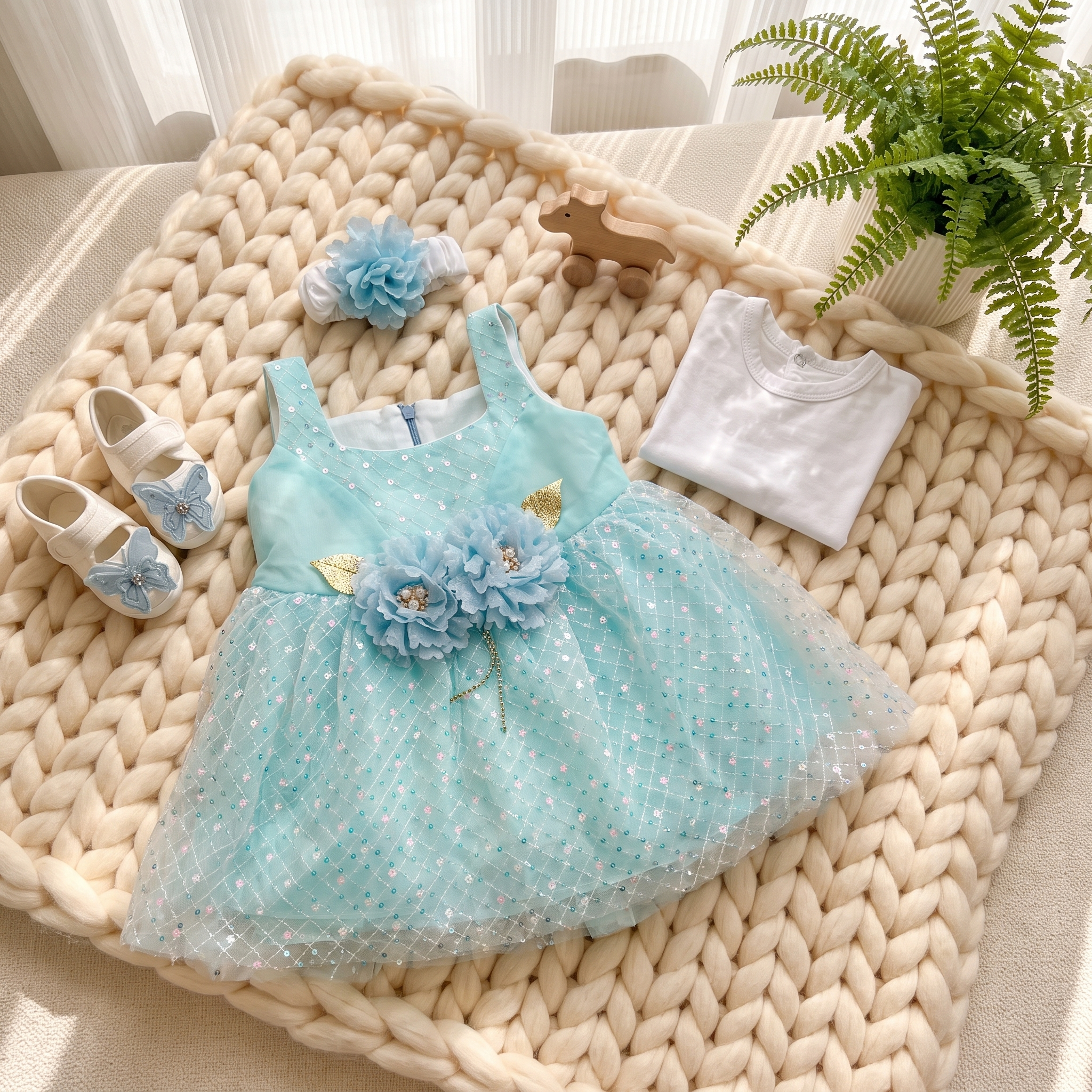 Sky Blossom Baby Girl Party Dress Set – Blue Tulle Dress with Headband & Bodysuit