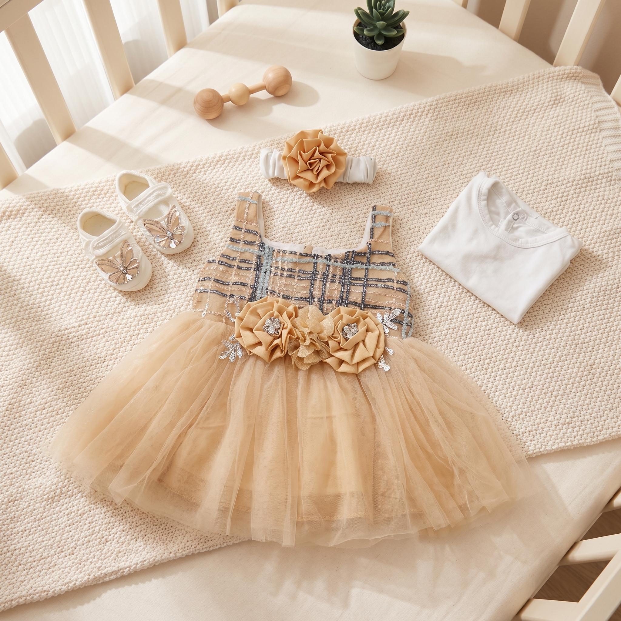 Golden Blossom Baby Girl Party Dress Set – Champagne Tulle Dress with Headband & Bodysuit
