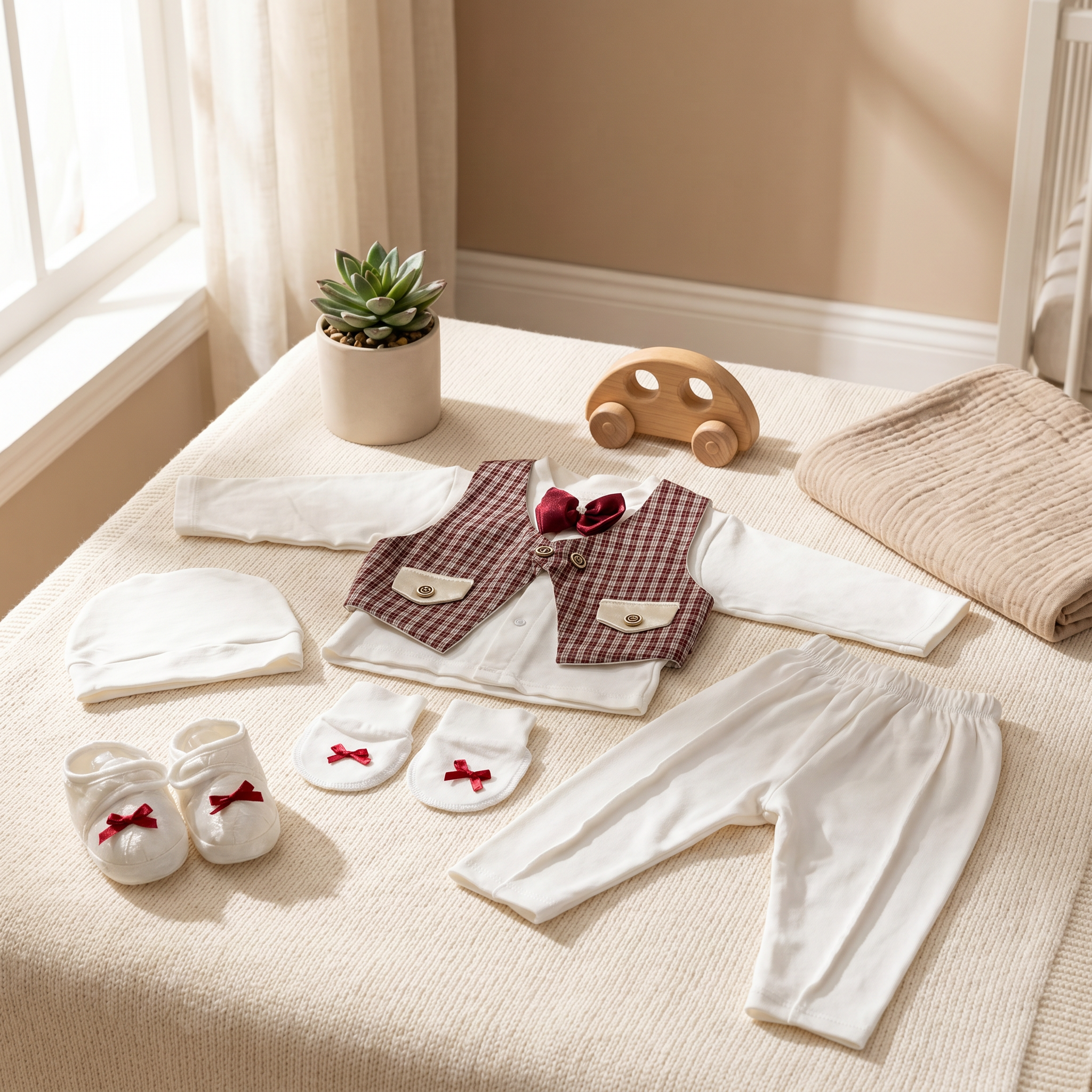 Royal Gentleman Baby Formal Suit Set – Burgundy Check Waistcoat 6 Piece Outfit