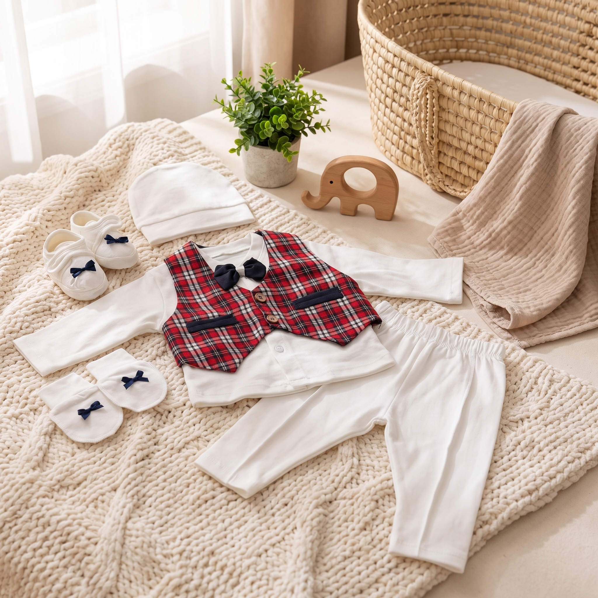 Classic Prince Baby Formal Suit Set – Red Check Waistcoat 6 Piece Outfit