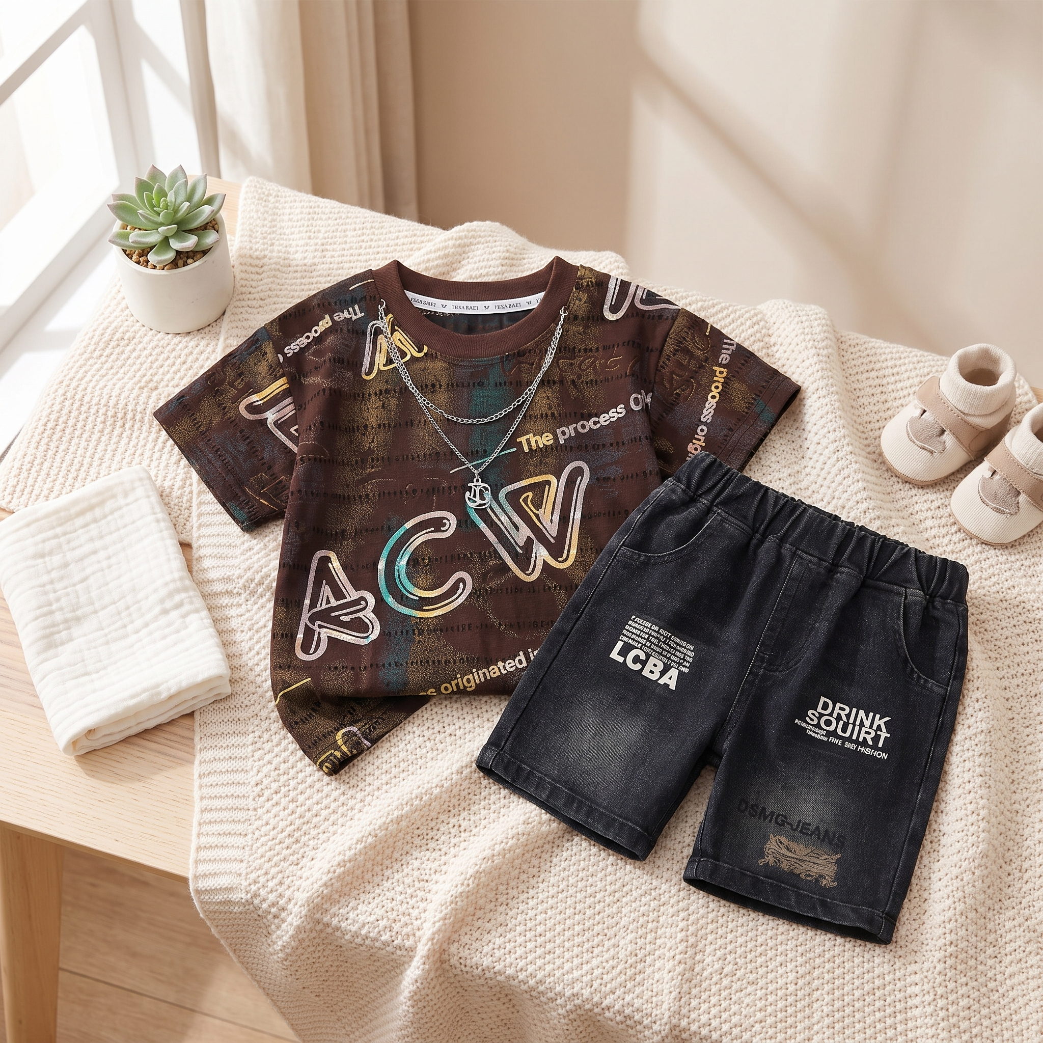 Boys Graphic T-Shirt & Denim Shorts Set – Brown