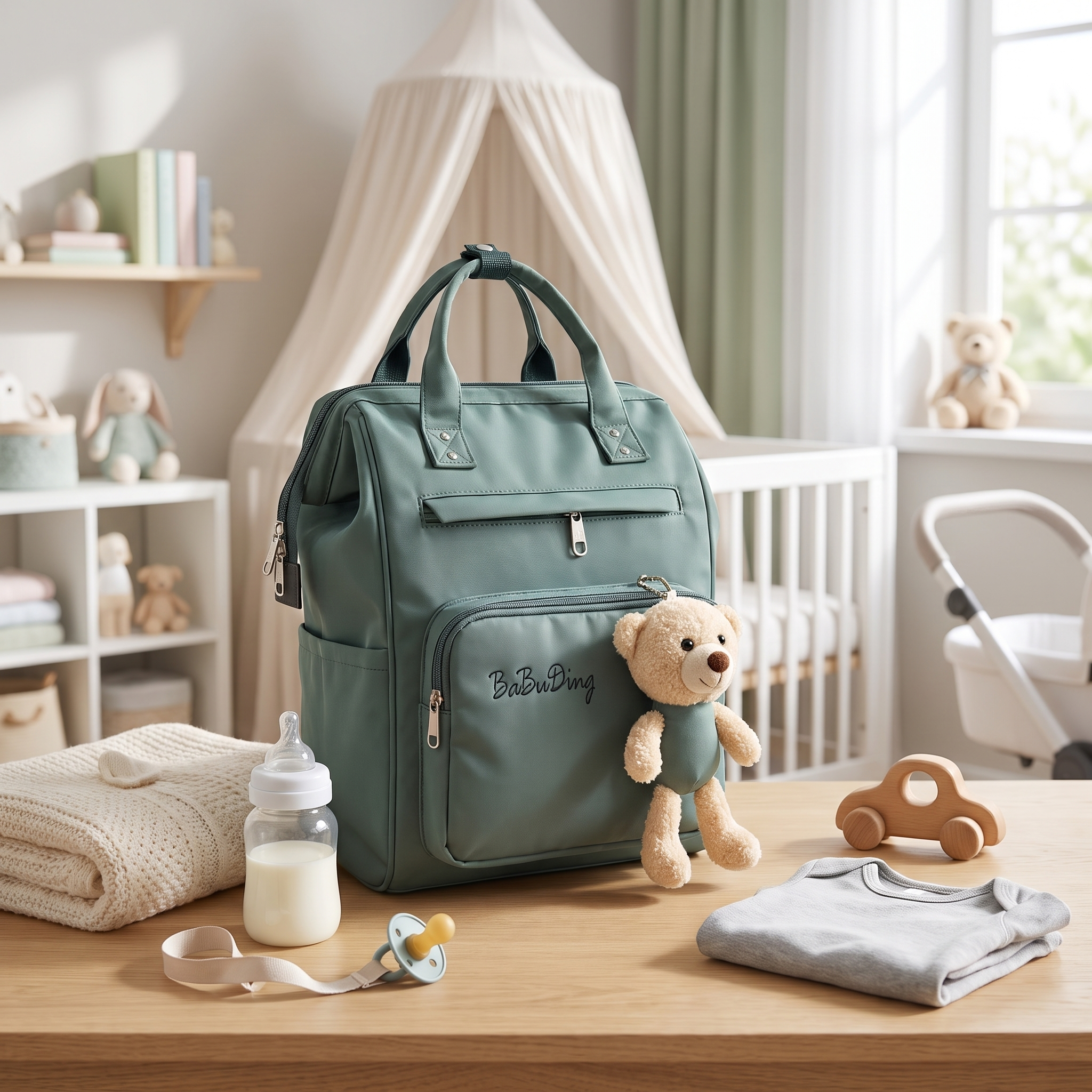 Premium Waterproof Baby Diaper Backpack with Teddy Charm – Sage Green