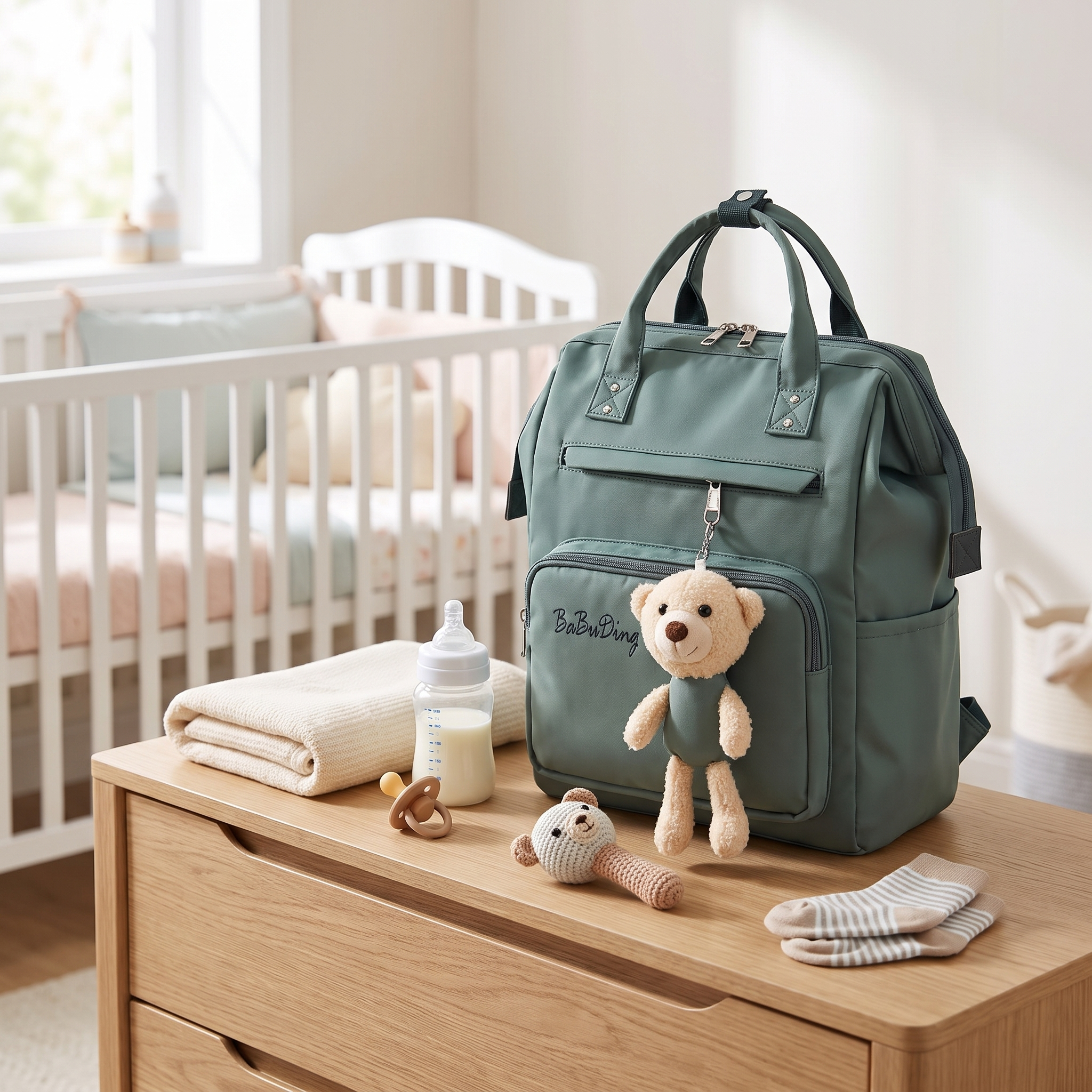 Premium Waterproof Baby Diaper Backpack with Teddy Charm – Sage Green