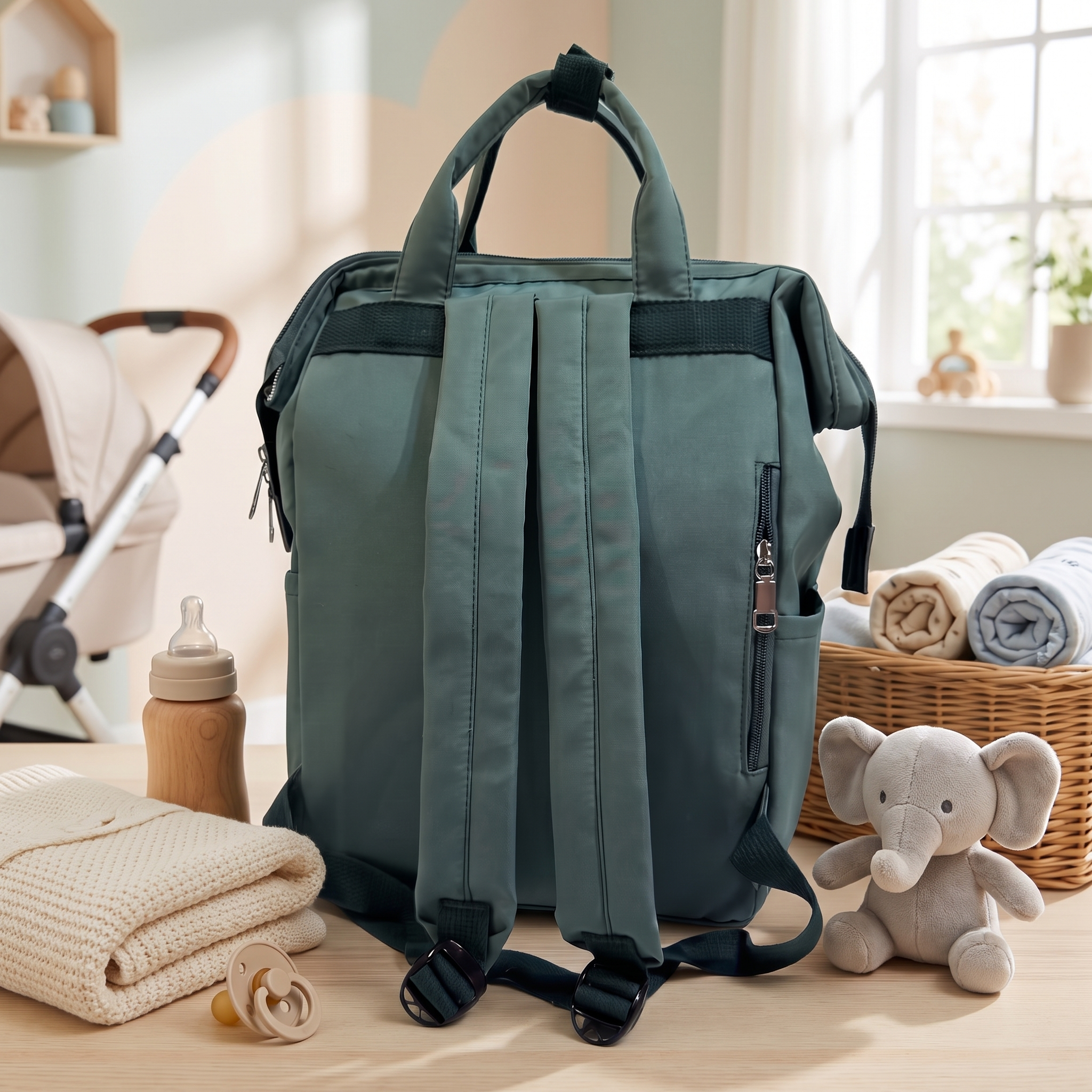 Premium Waterproof Baby Diaper Backpack with Teddy Charm – Sage Green