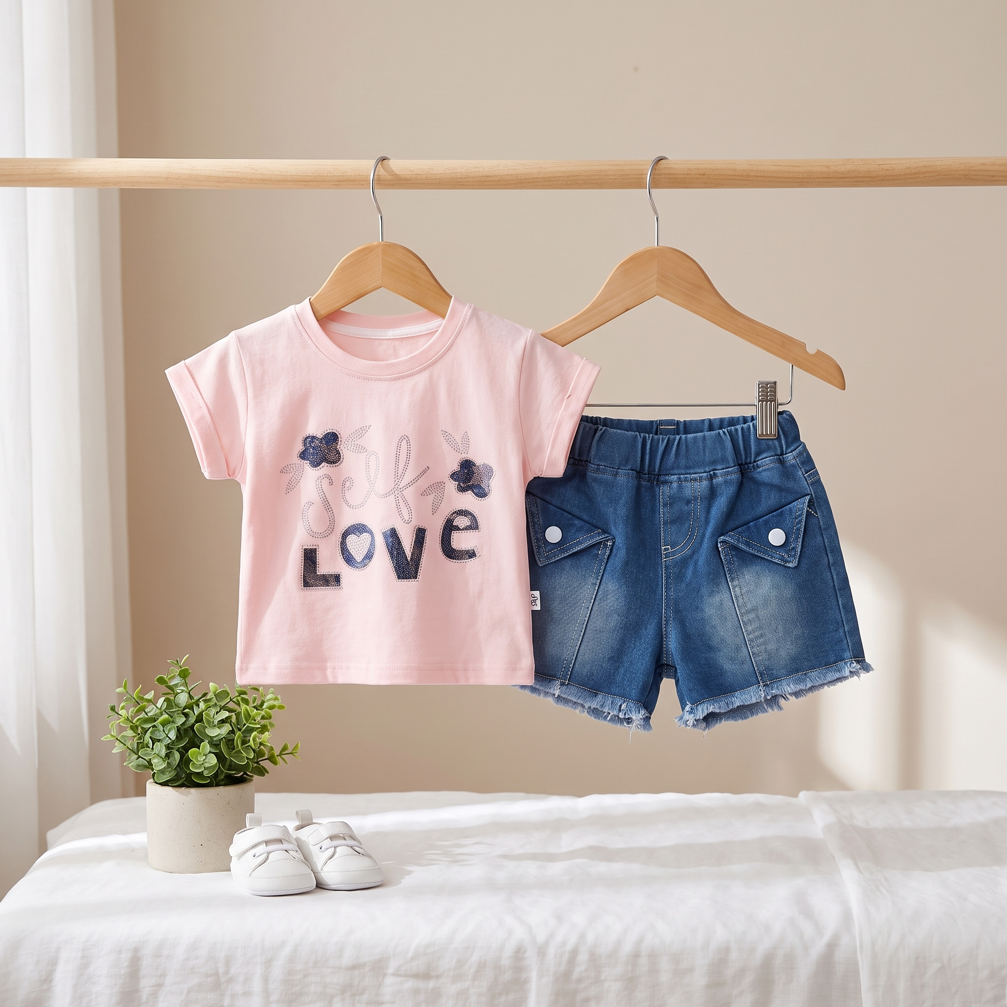 Girls Self Love T-Shirt & Denim Shorts Set – 2 Piece