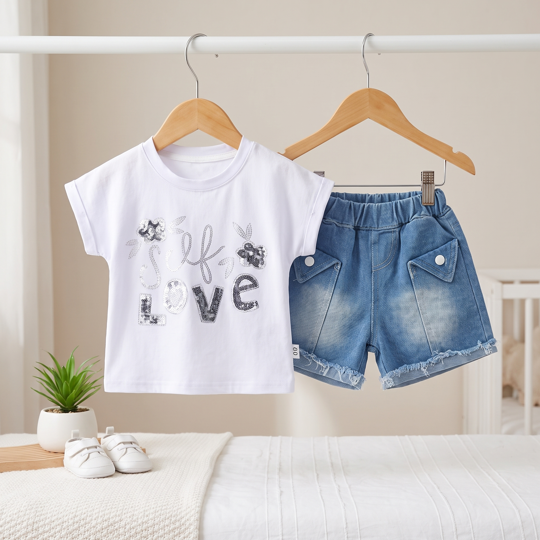 Girls Self Love T-Shirt & Denim Shorts Set – 2 Piece