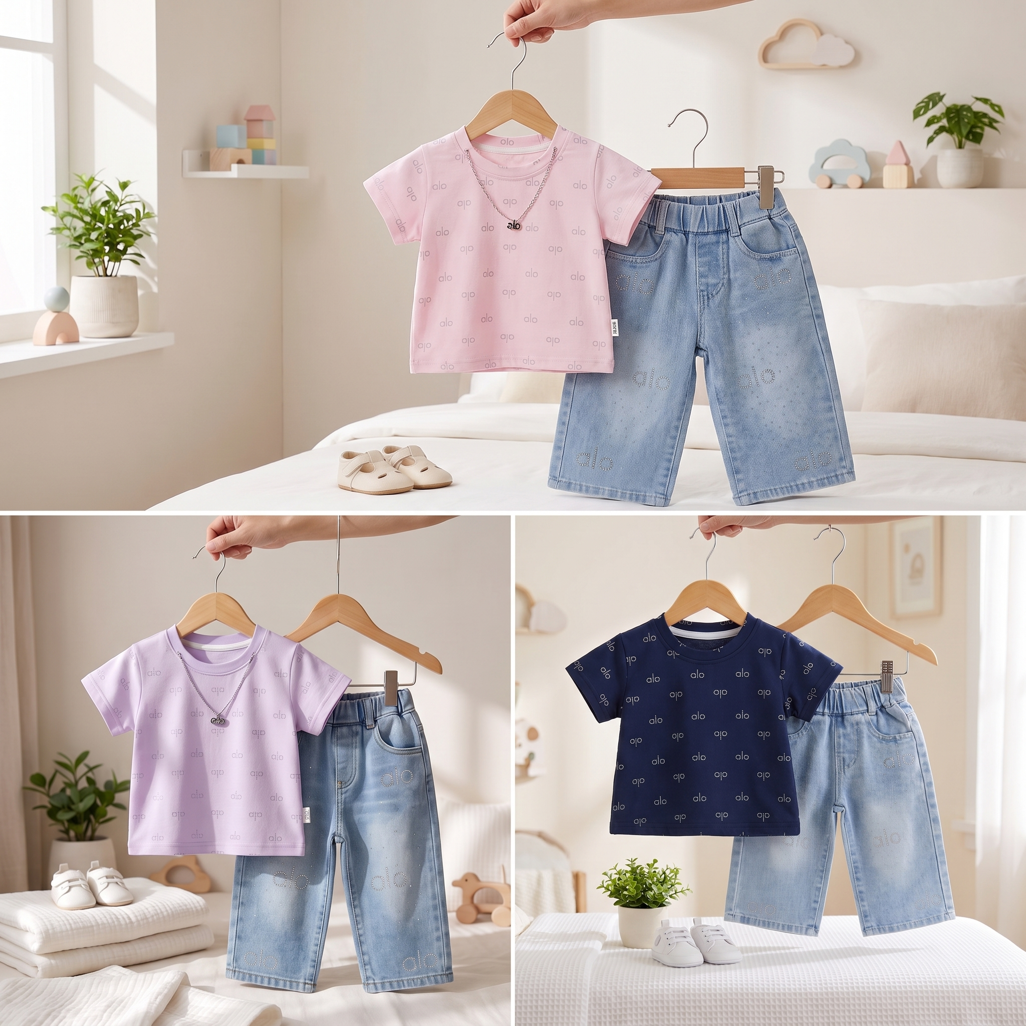 Three-panel collage showing children's two-piece outfits hanging on wooden hangers: a pink short-sleeve top with light blue jeans, a lavender short-sleeve top with light blue jeans, and a navy short-sleeve top with light blue jeans. Each set is displayed in a softly styled bedroom setting with a bed, pillows, small plants, and shoes.