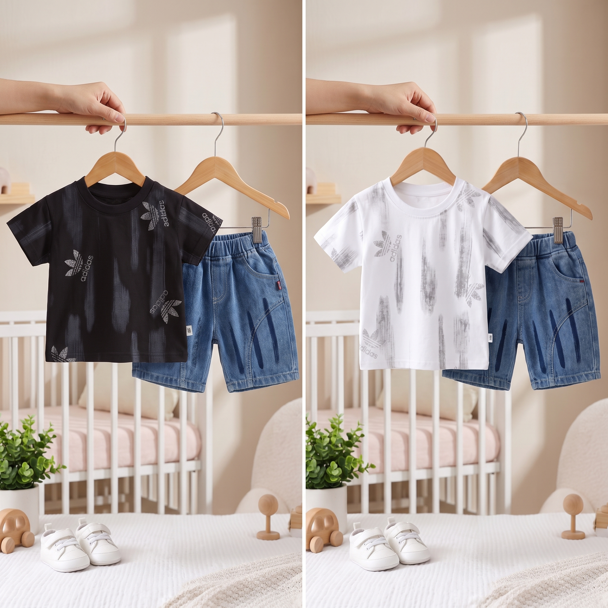 Two children's two-piece outfits hanging on a wooden rod in a nursery setting. The left set is a black short-sleeve top with gray abstract leaf prints and matching blue denim shorts.