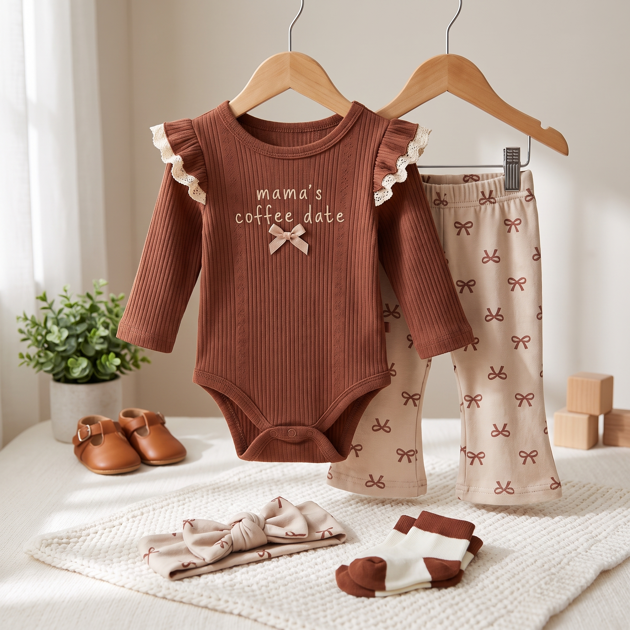Mama's Coffee Date Ribbed Bodysuit & Bow Trouser Set