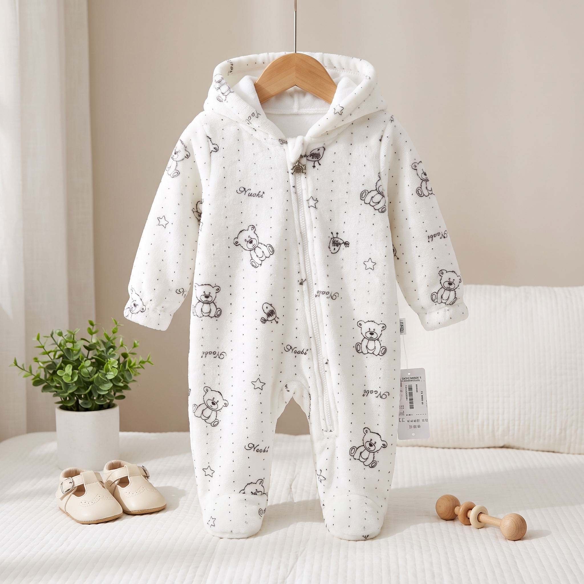 Premium Baby Hooded Fleece Zip Sleepsuit – Teddy Bear Print