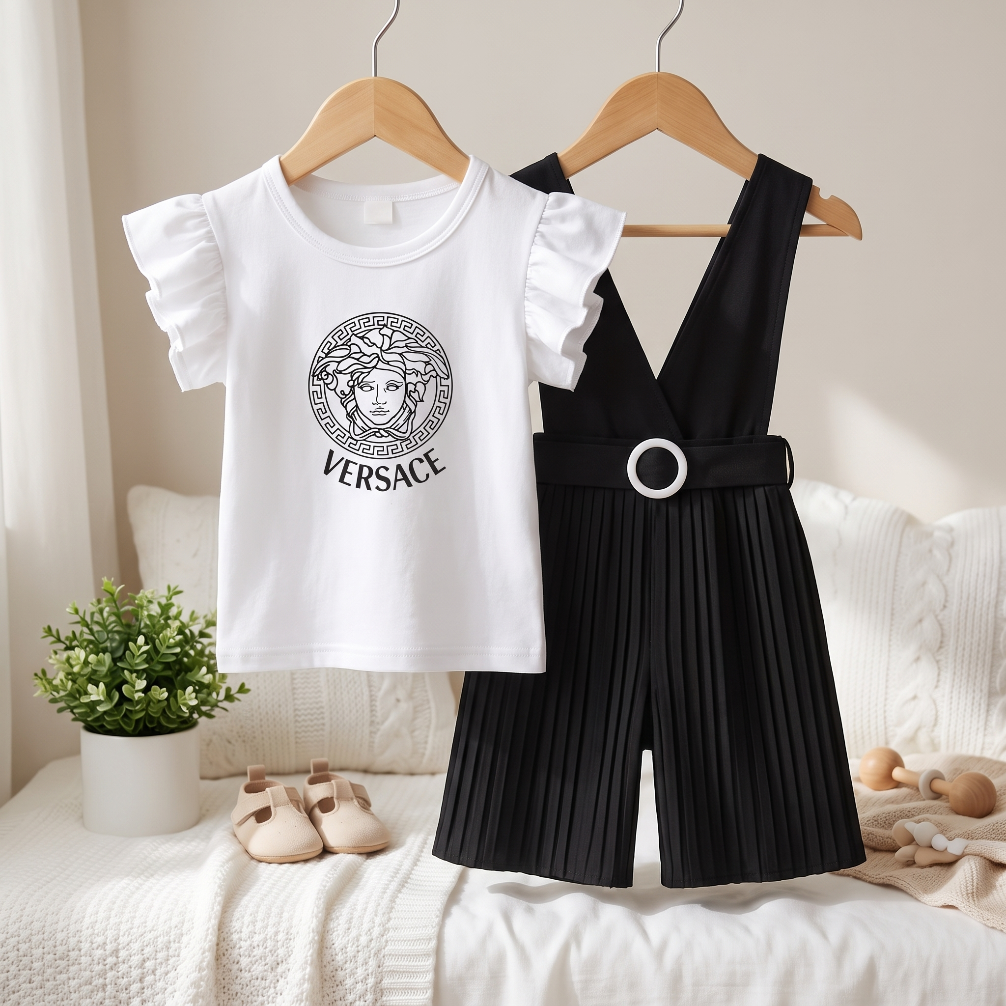 Girls Pleated Suspender Jumpsuit & Ruffle Sleeve T-Shirt Set