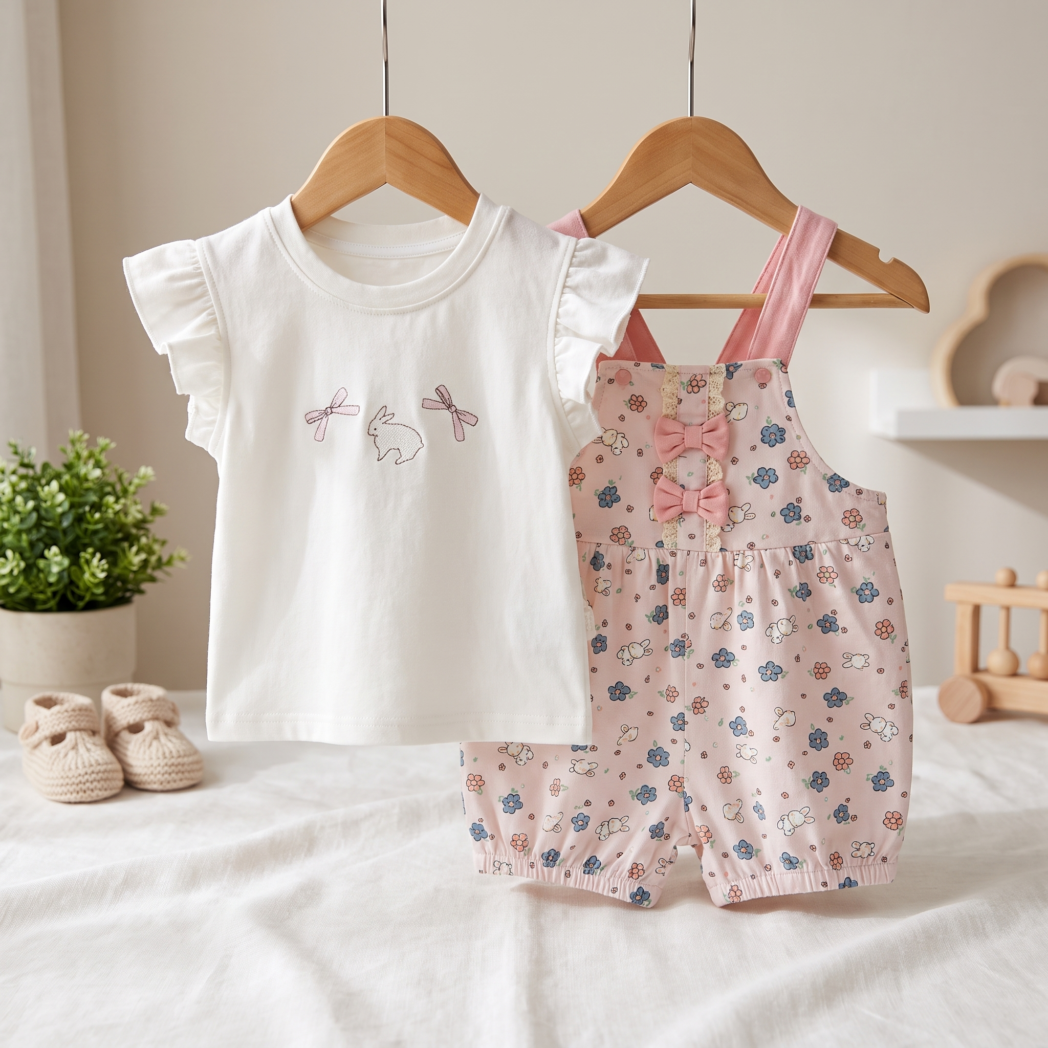 Floral Bunny 2-Piece Girls Dungaree Set
