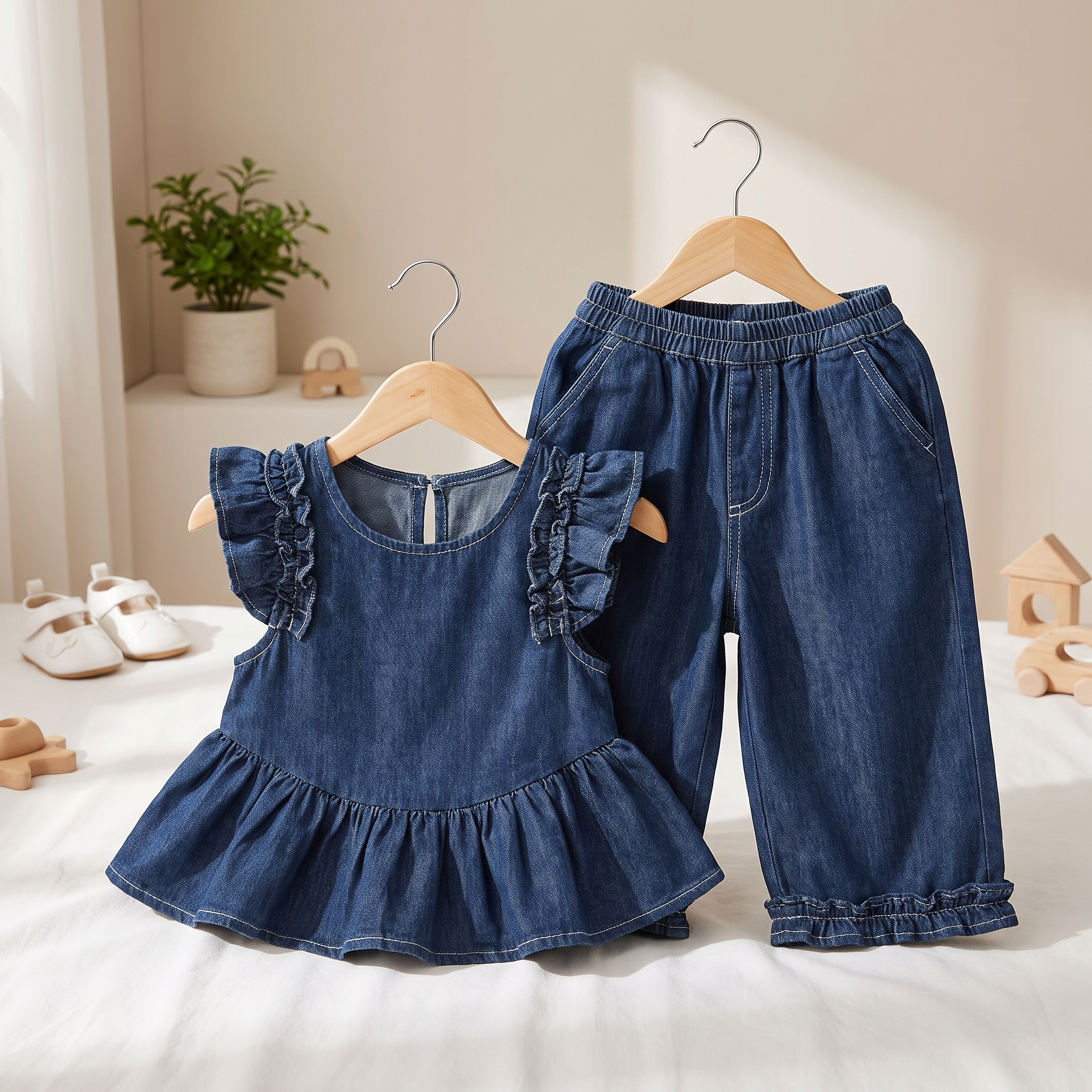 Denim Frill Top & Pants Set