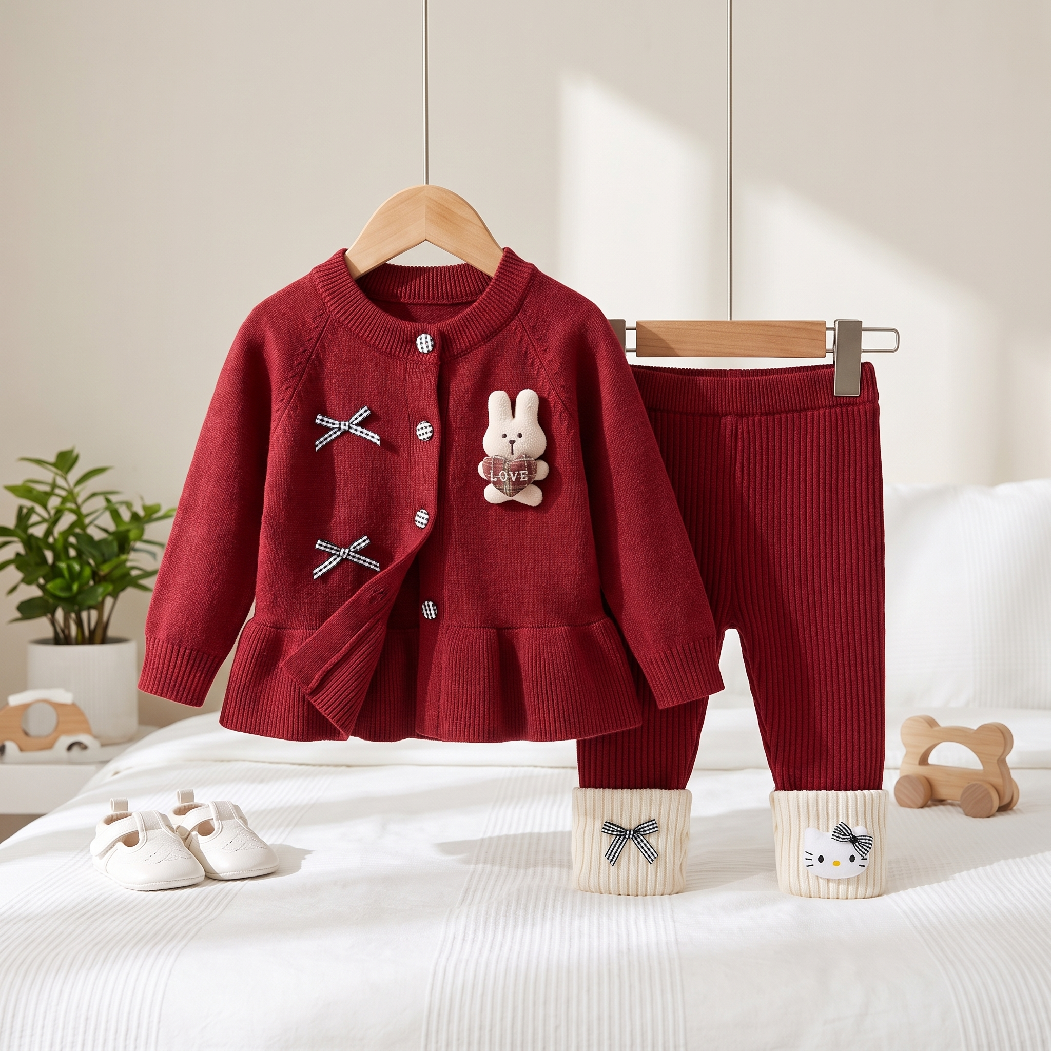 Bunny Charm Girls Knit Winter Co-ord Set – Maroon