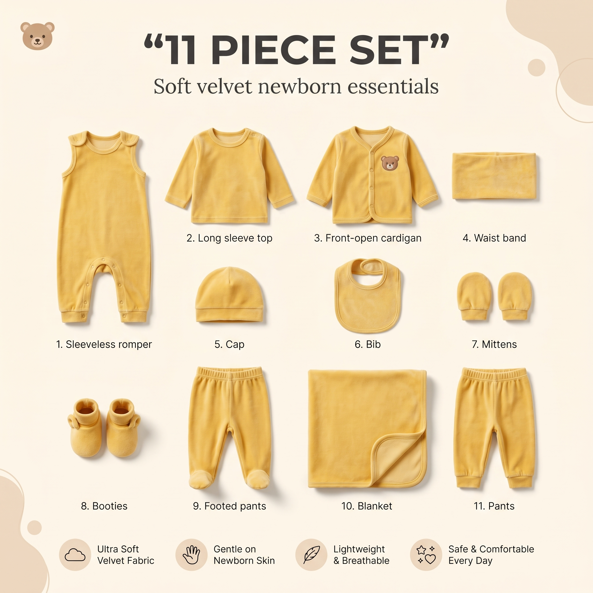 Velvet Bear 11-Piece Set - Yellow