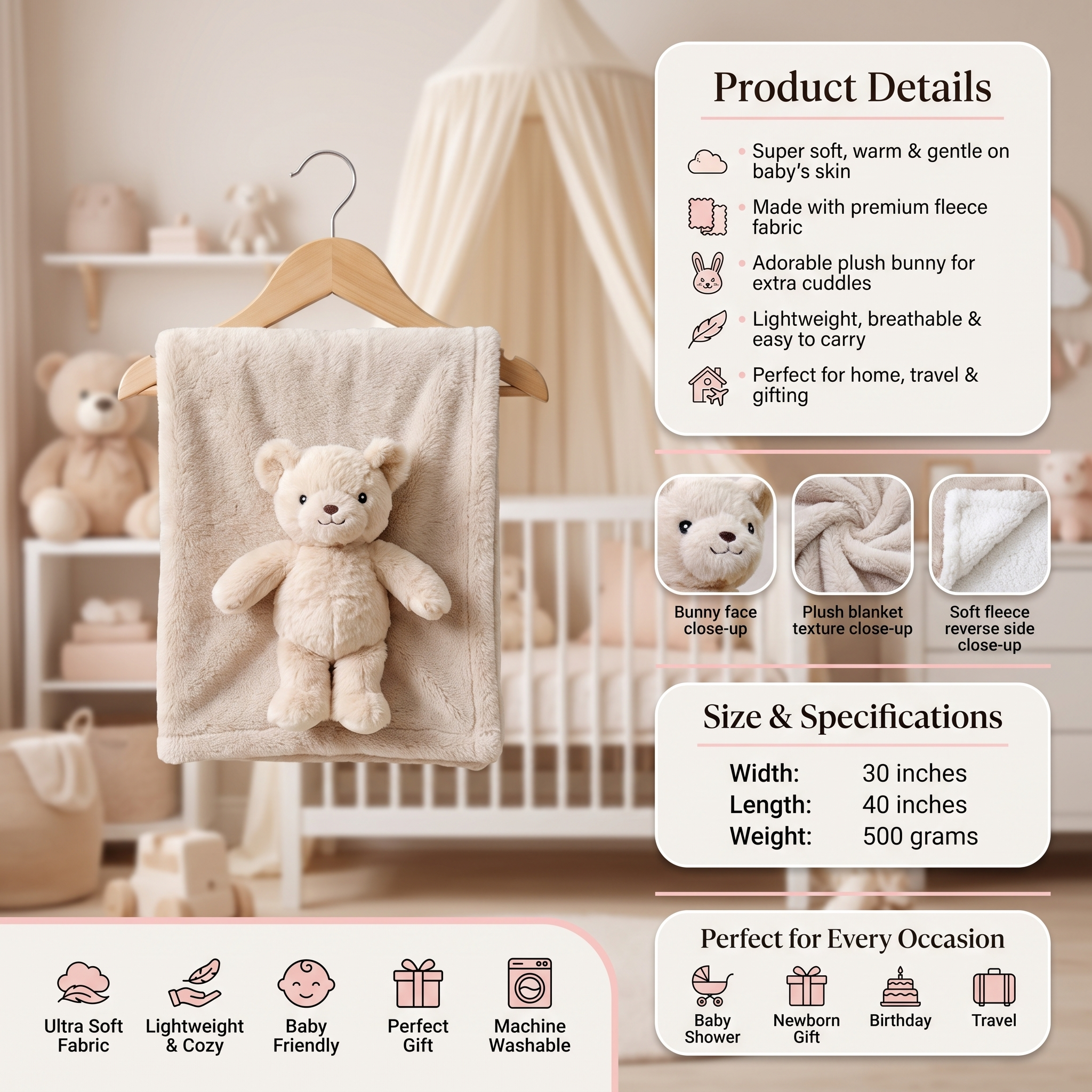 Baby Plush Security Blanket with Teddy Bear