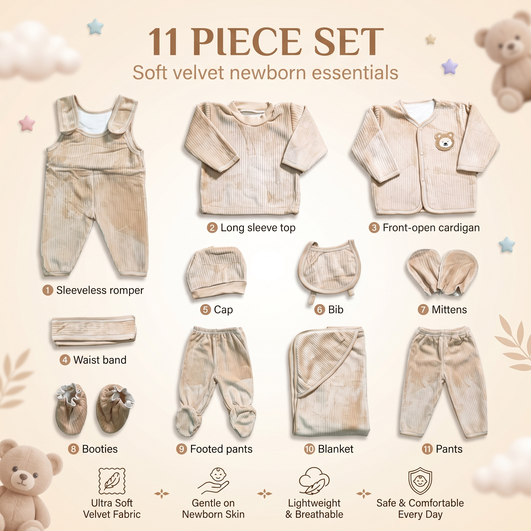 Newborn Soft Velvet Essentials 11PC Gift Set