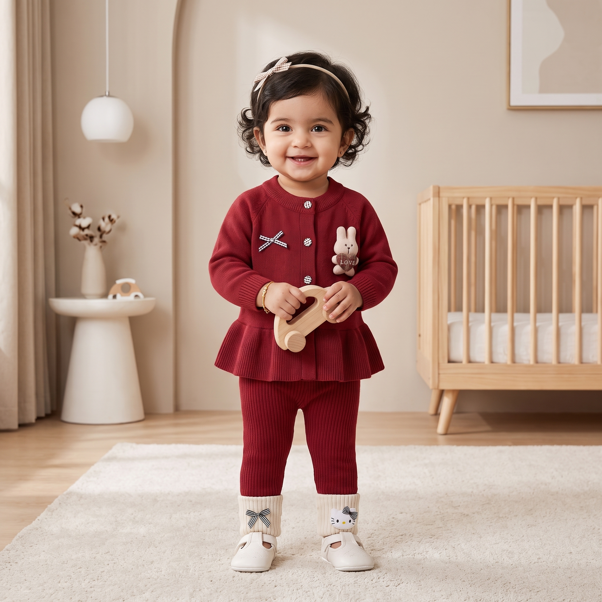 Bunny Charm Girls Knit Winter Co-ord Set – Maroon