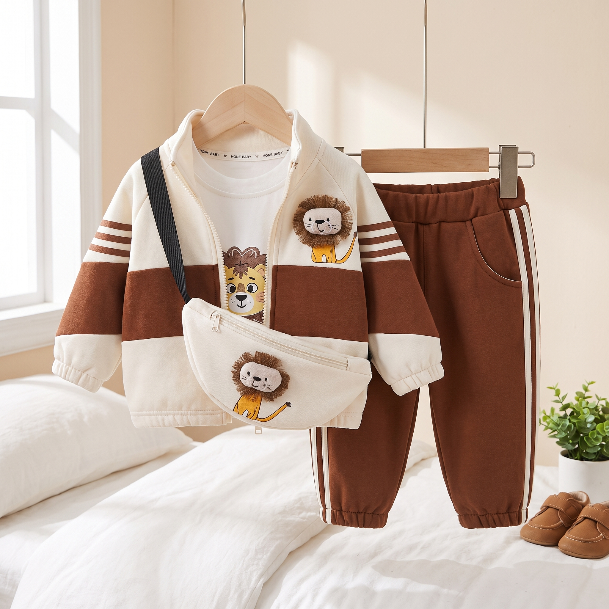 Lion Adventure 4-Piece Boys Winter Tracksuit Set with Crossbody Bag – Brown