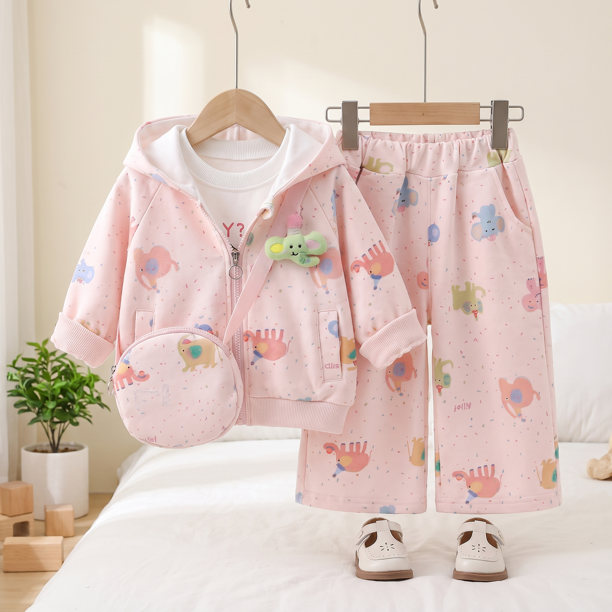 Cute Animal Print Girls 4-Piece Winter Tracksuit Set with Crossbody Bag – Pink