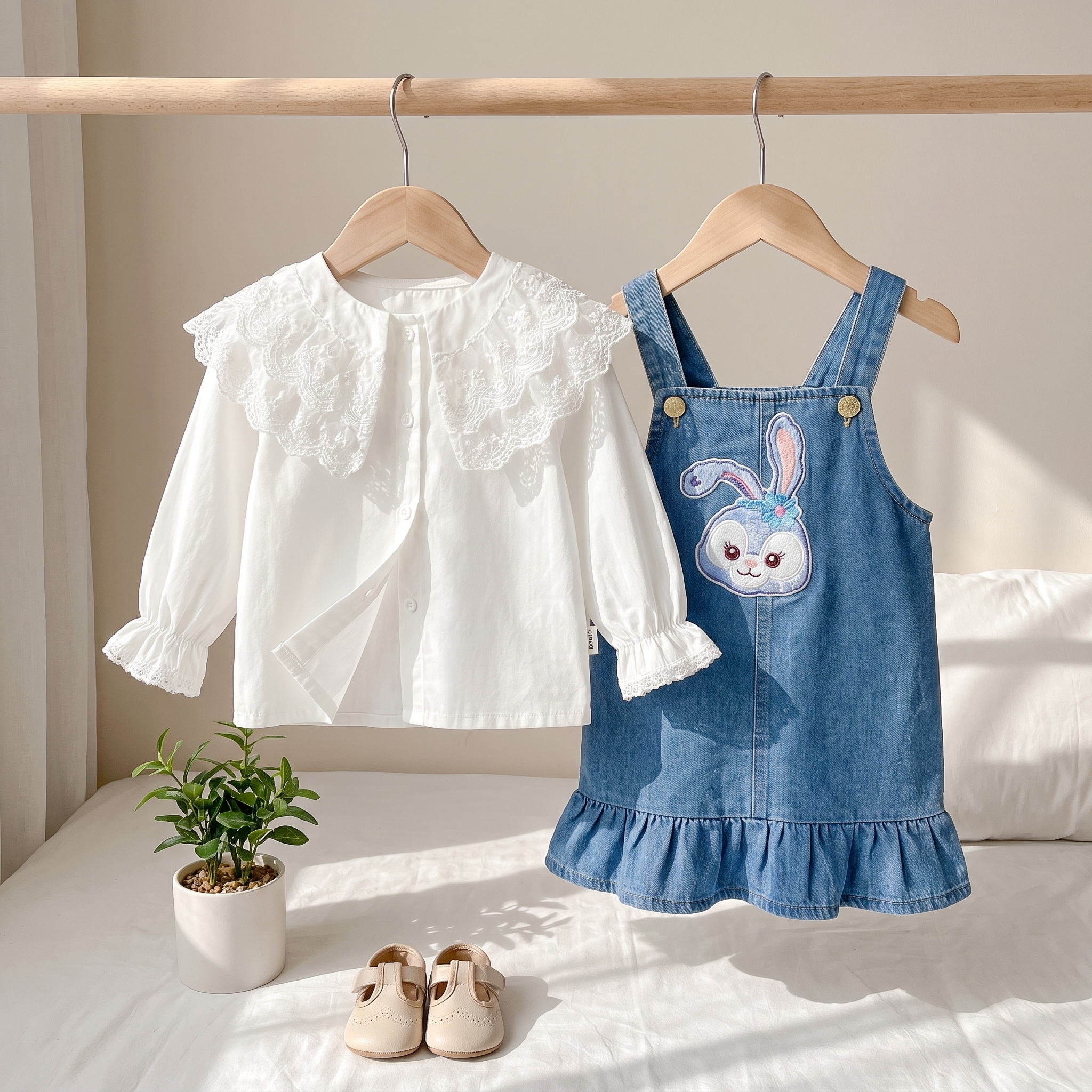 Girls Lace Blouse & Bunny Denim Pinafore Dress Set – 2 Piece